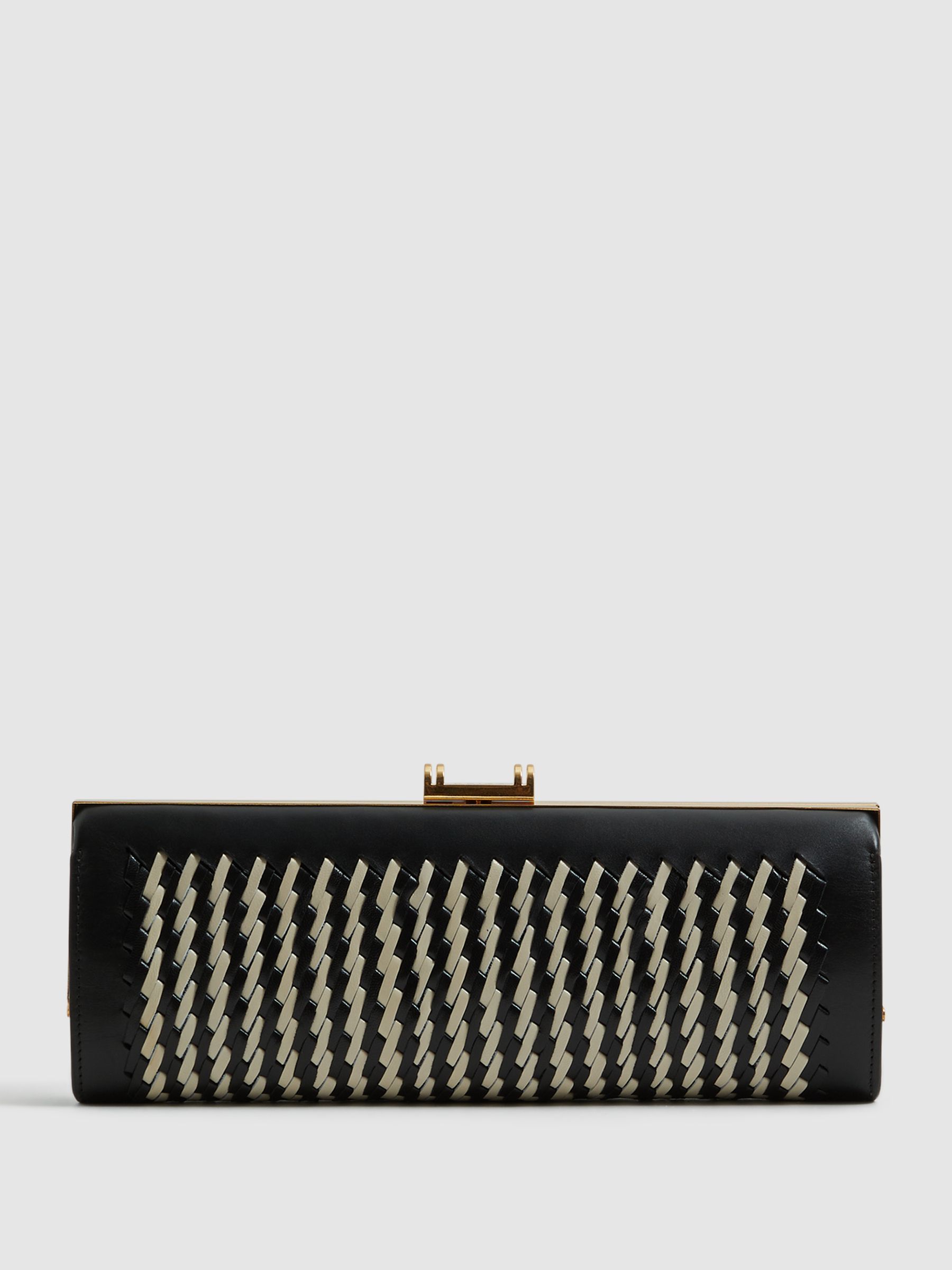 Leather Woven Clutch Bag in Black/White - Image 1 of 5
