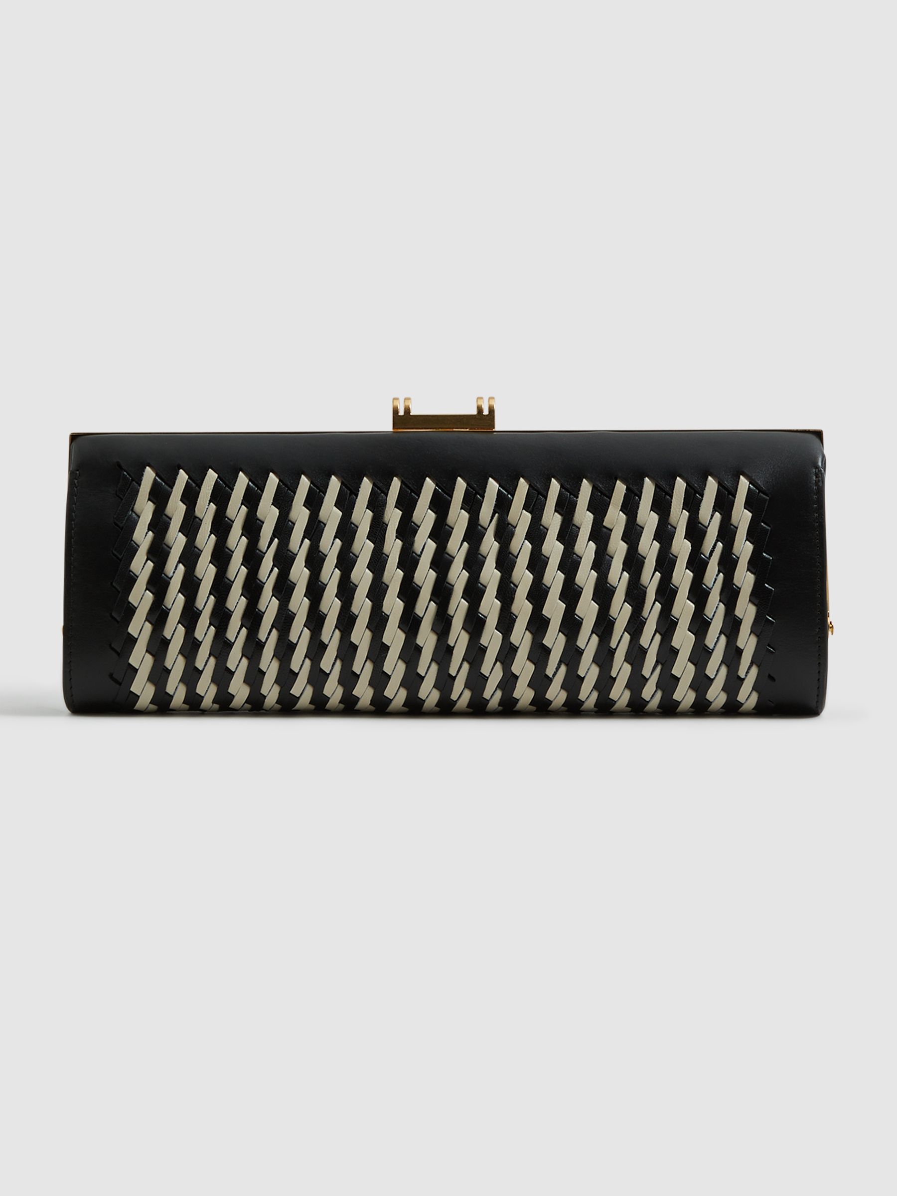 Leather Woven Clutch Bag in Black/White - Image 3 of 5