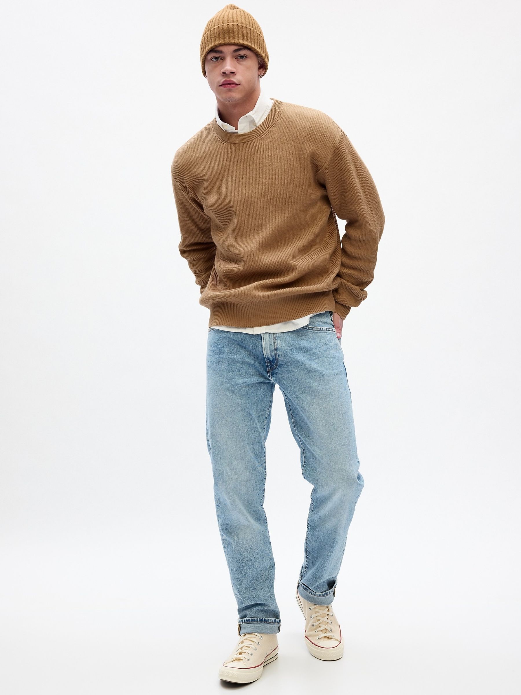 Beige Oversized Ribbed Crew Neck Jumper - Image 1 of 1