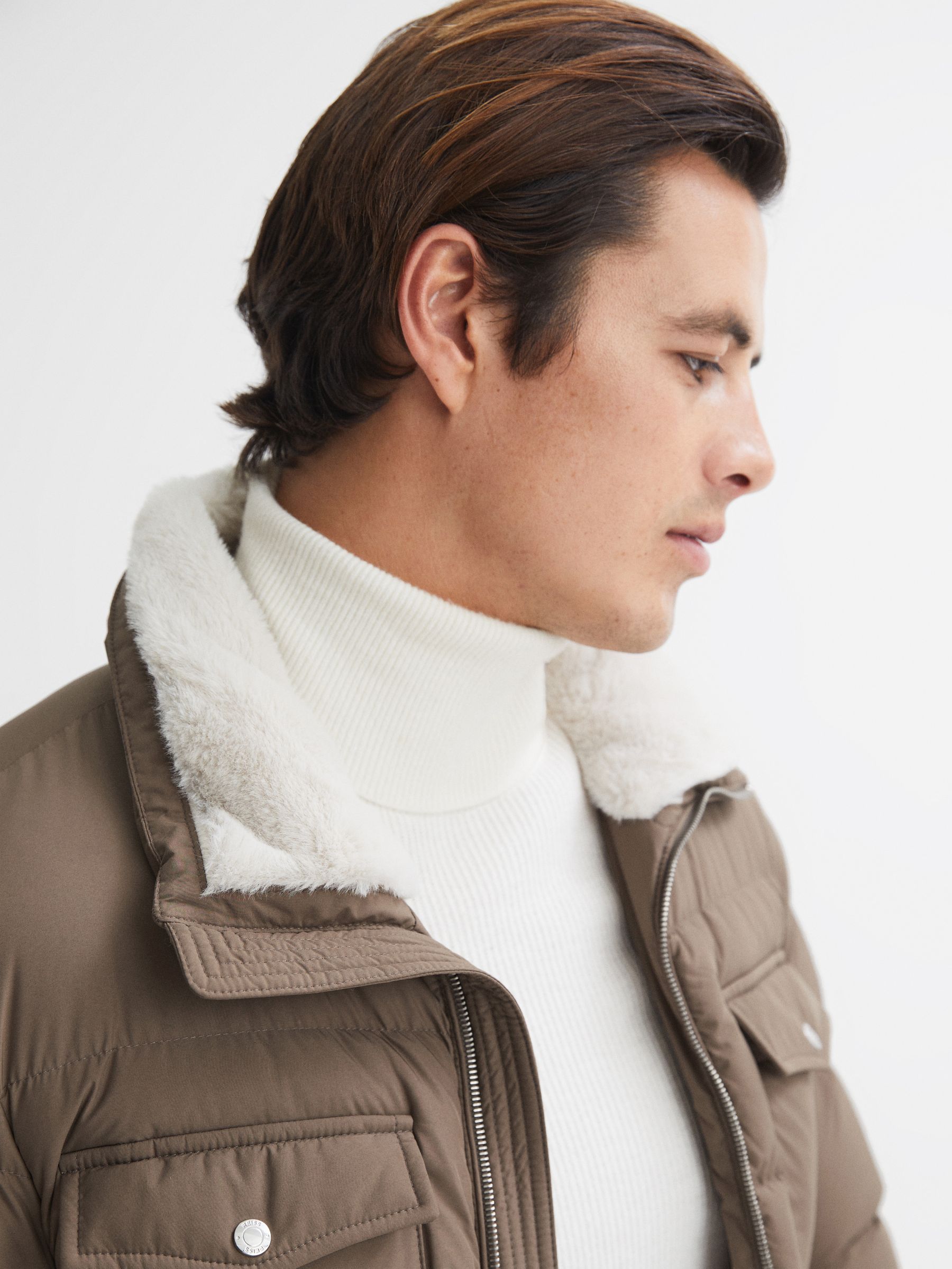 Reiss Padded Faux Fur Coat in Mushroom Brown | REISS