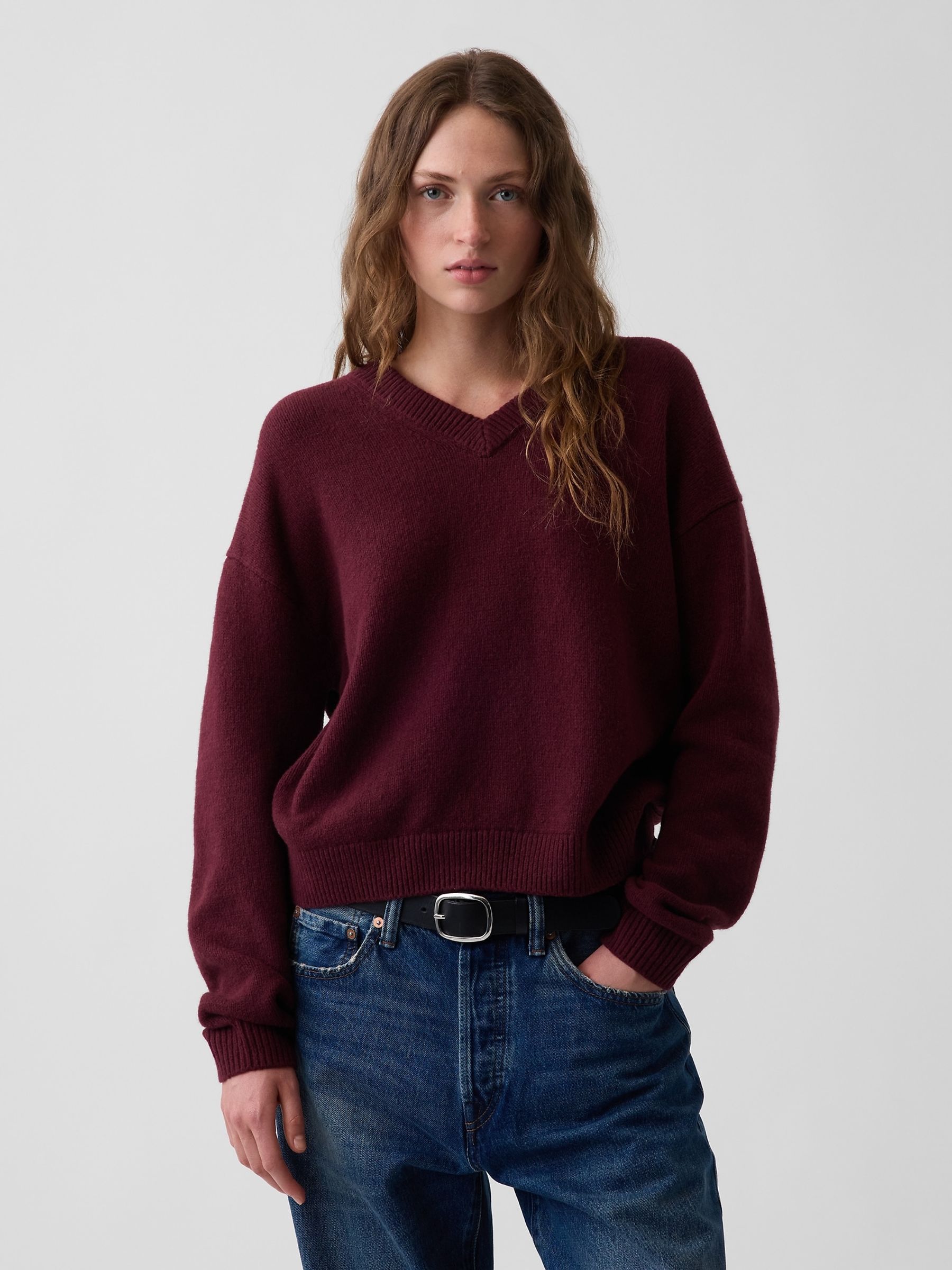 Burgundy Red CashSoft Oversized V-Neck Jumper - Image 1 of 4