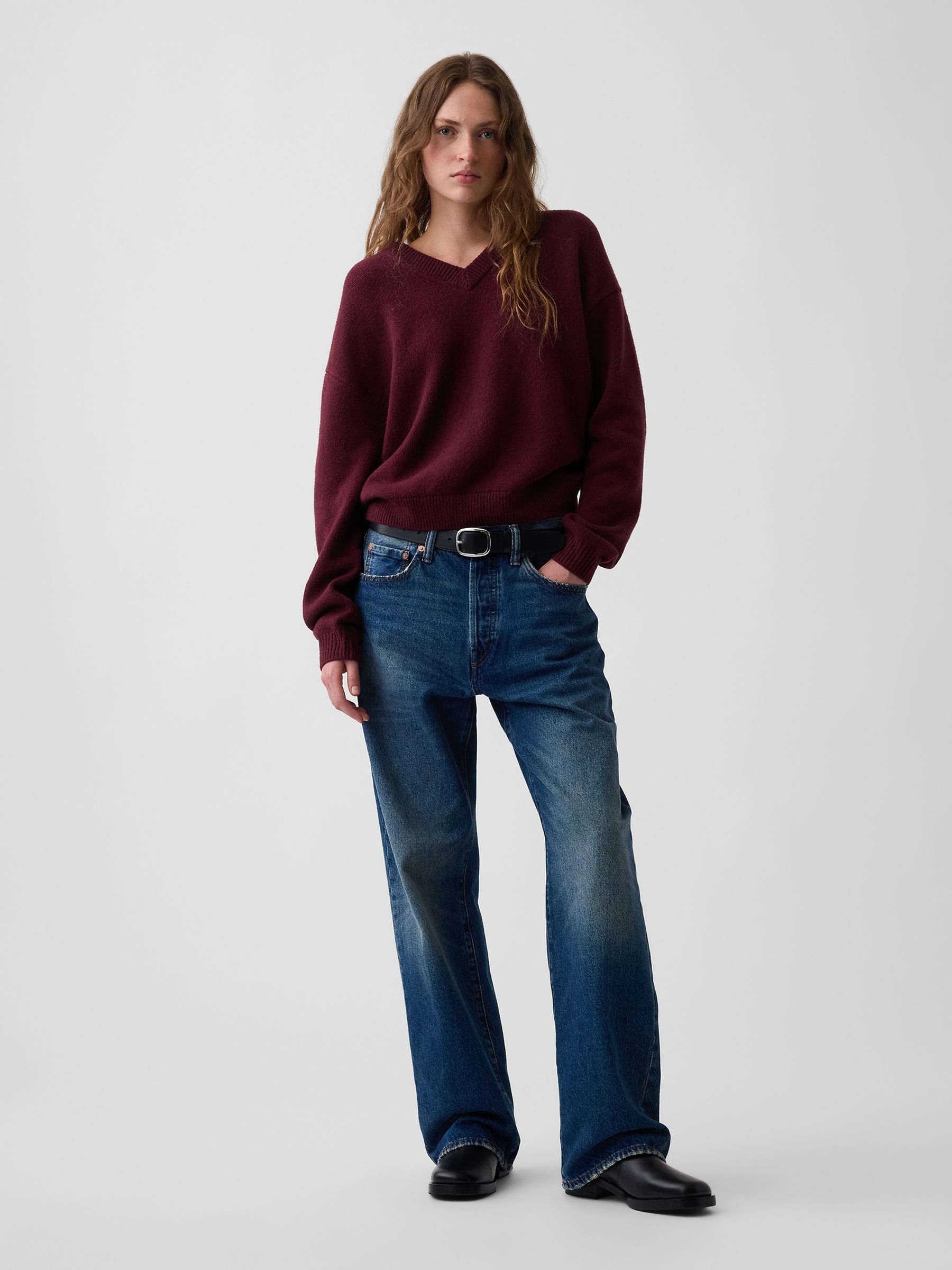 Burgundy Red CashSoft Oversized V-Neck Jumper - Image 3 of 4