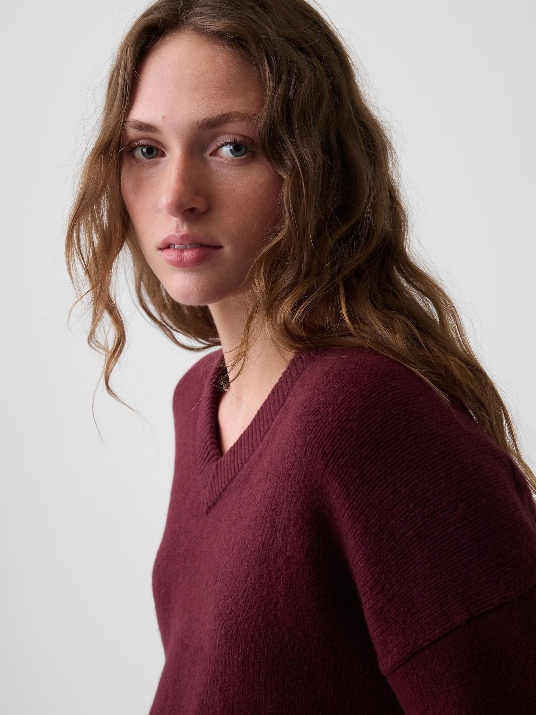 Burgundy Red CashSoft Oversized V-Neck Jumper - Image 4 of 4 Burgundy Red CashSoft Oversized V-Neck Jumper - Image 4 of 4