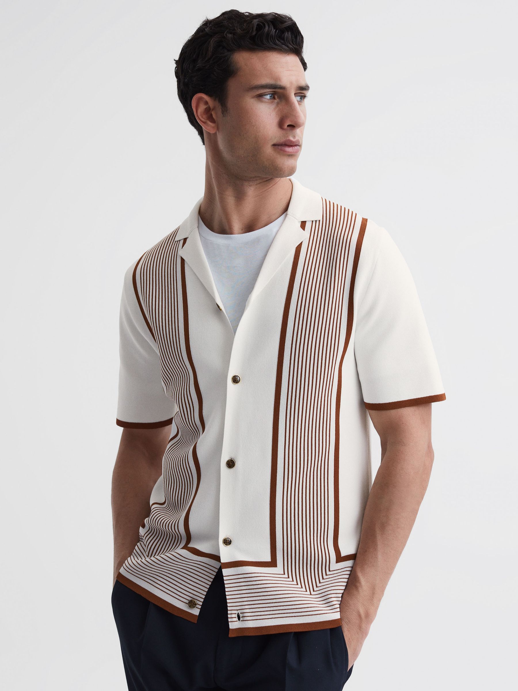 Striped Cuban Collar Shirt in White/Camel - Image 1 of 4
