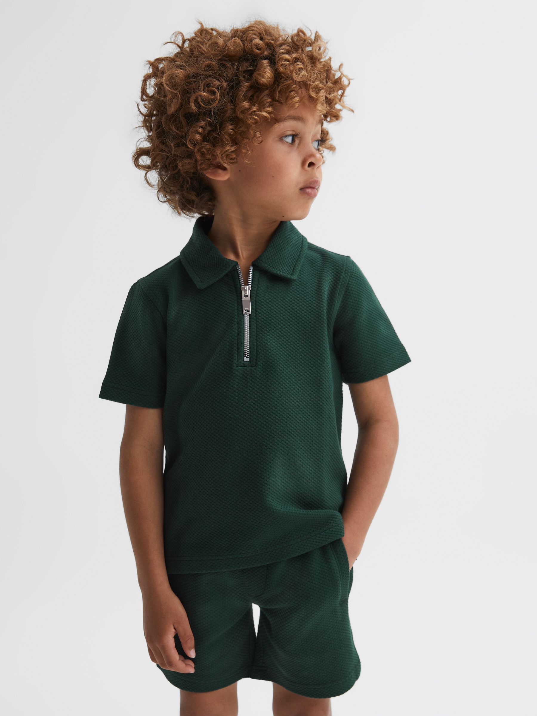 Junior Textured Half-Zip Polo Shirt in Green Smoke - Image 1 of 6
