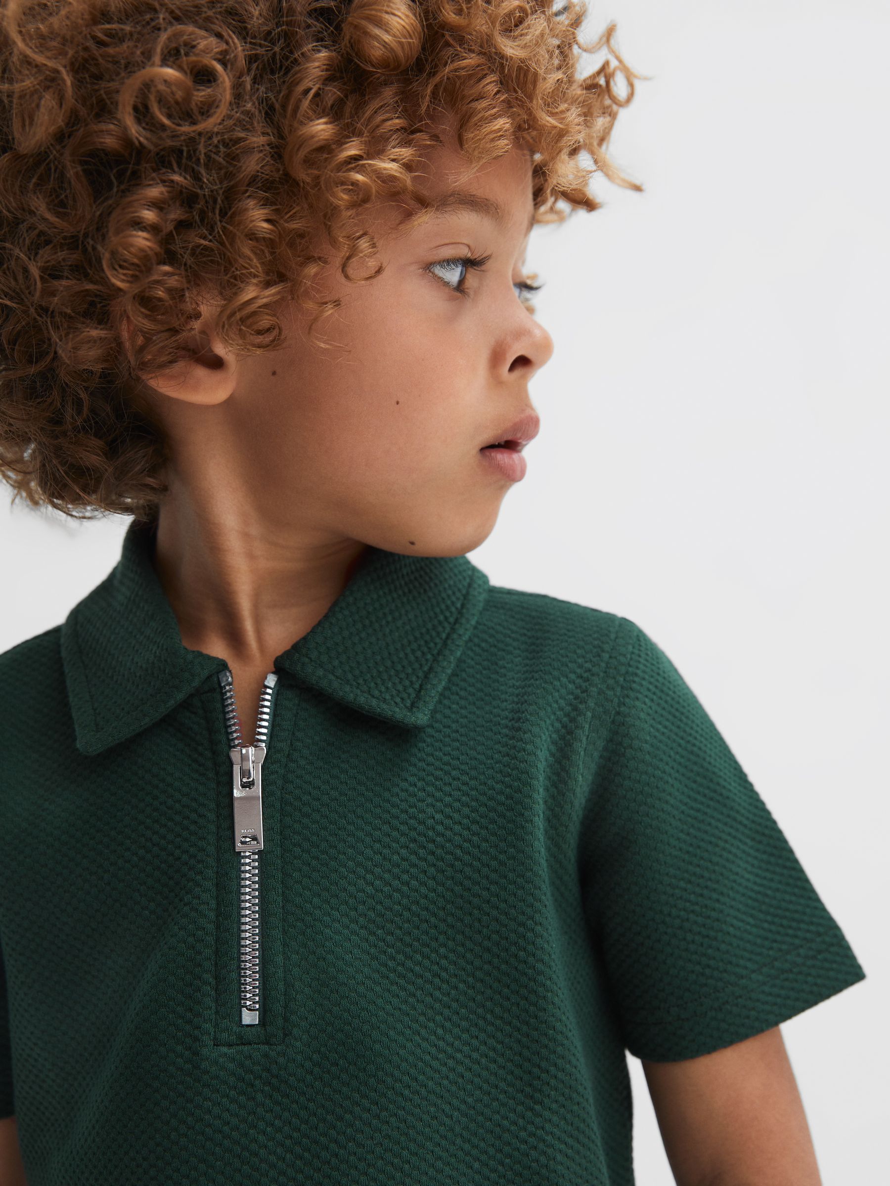 Junior Textured Half-Zip Polo Shirt in Green Smoke - Image 4 of 6