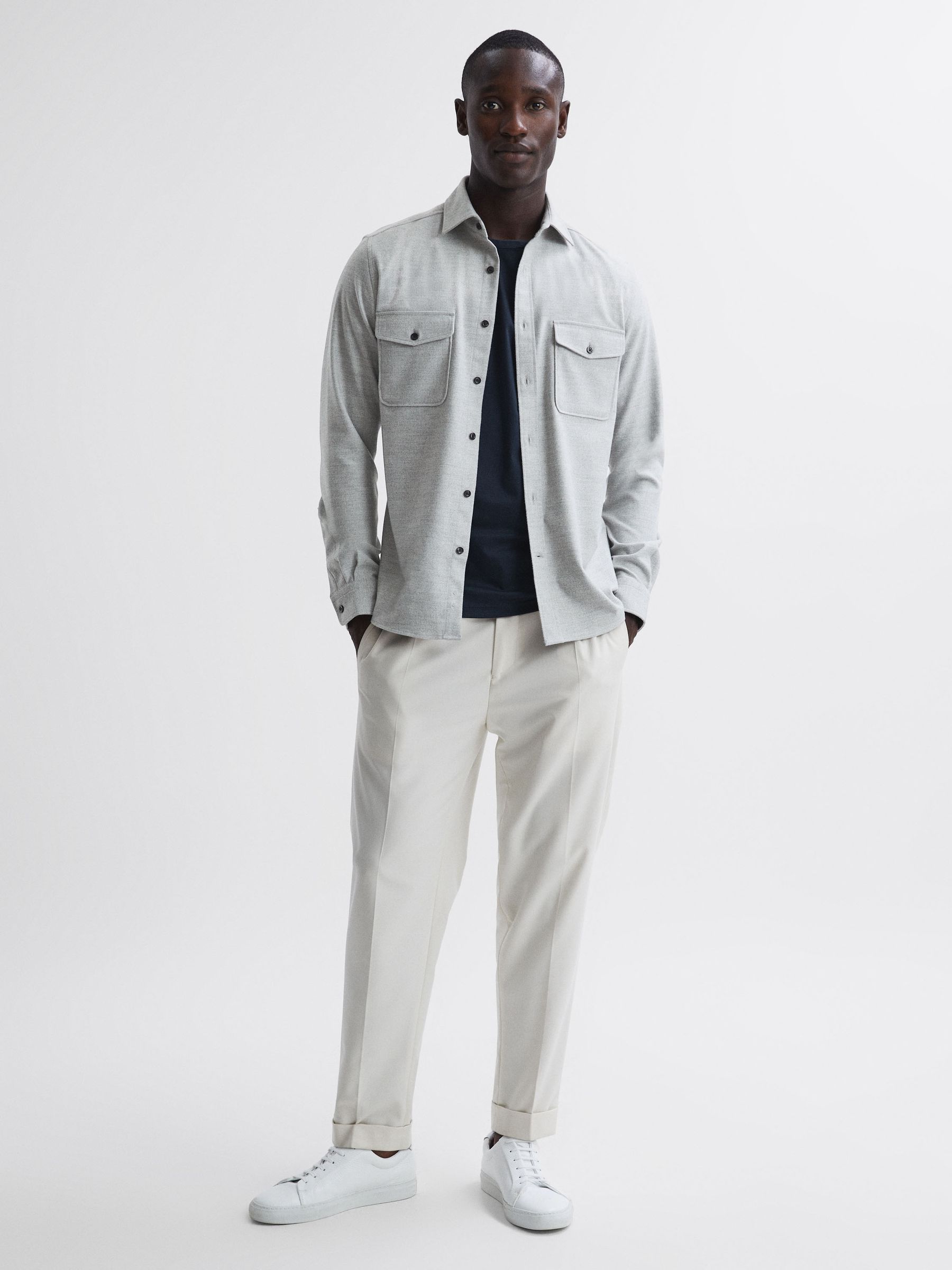 Button Through Twin Pocket Overshirt in Soft Grey Melange - Image 3 of 5