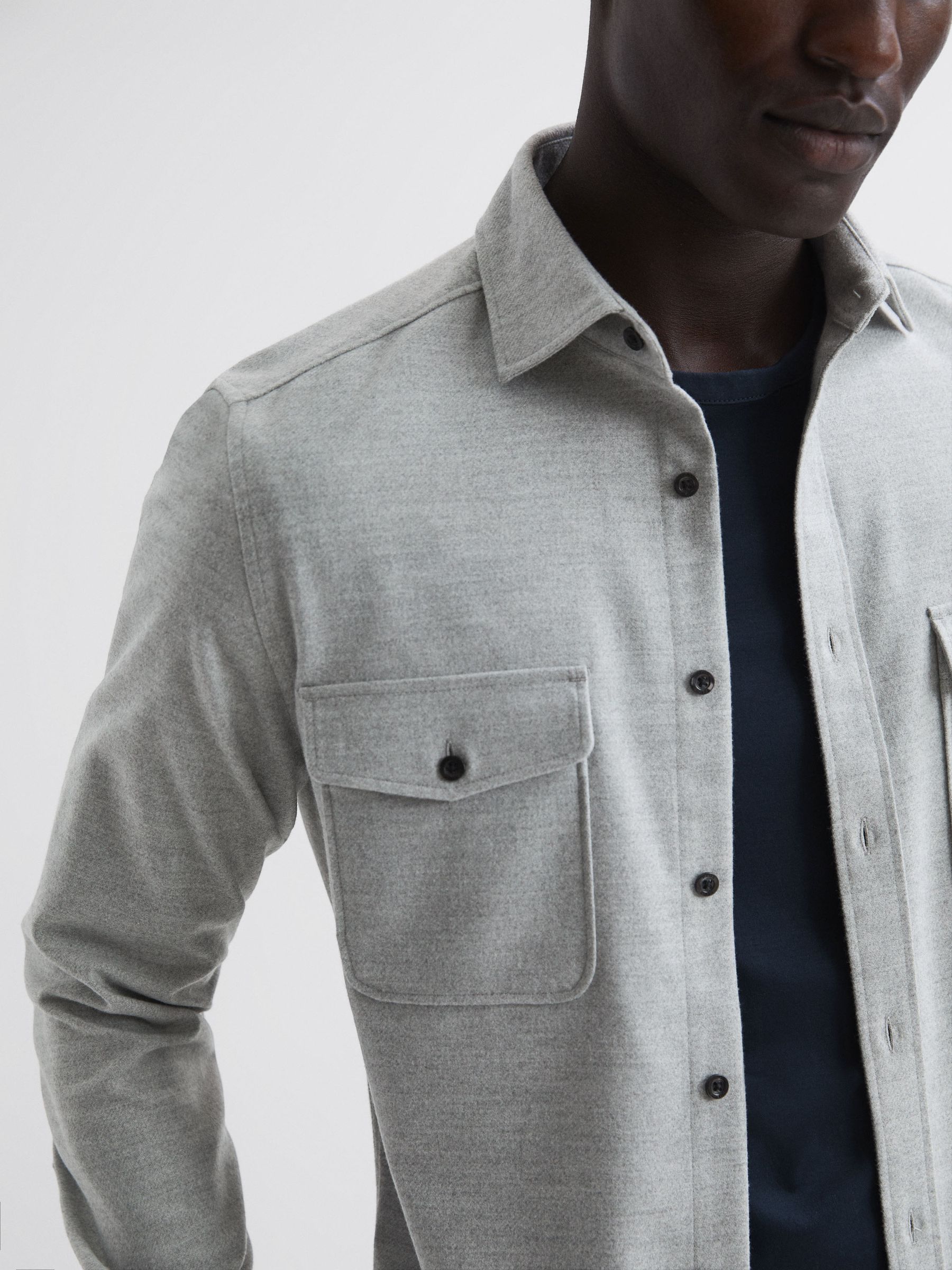 Button Through Twin Pocket Overshirt in Soft Grey Melange - Image 4 of 5