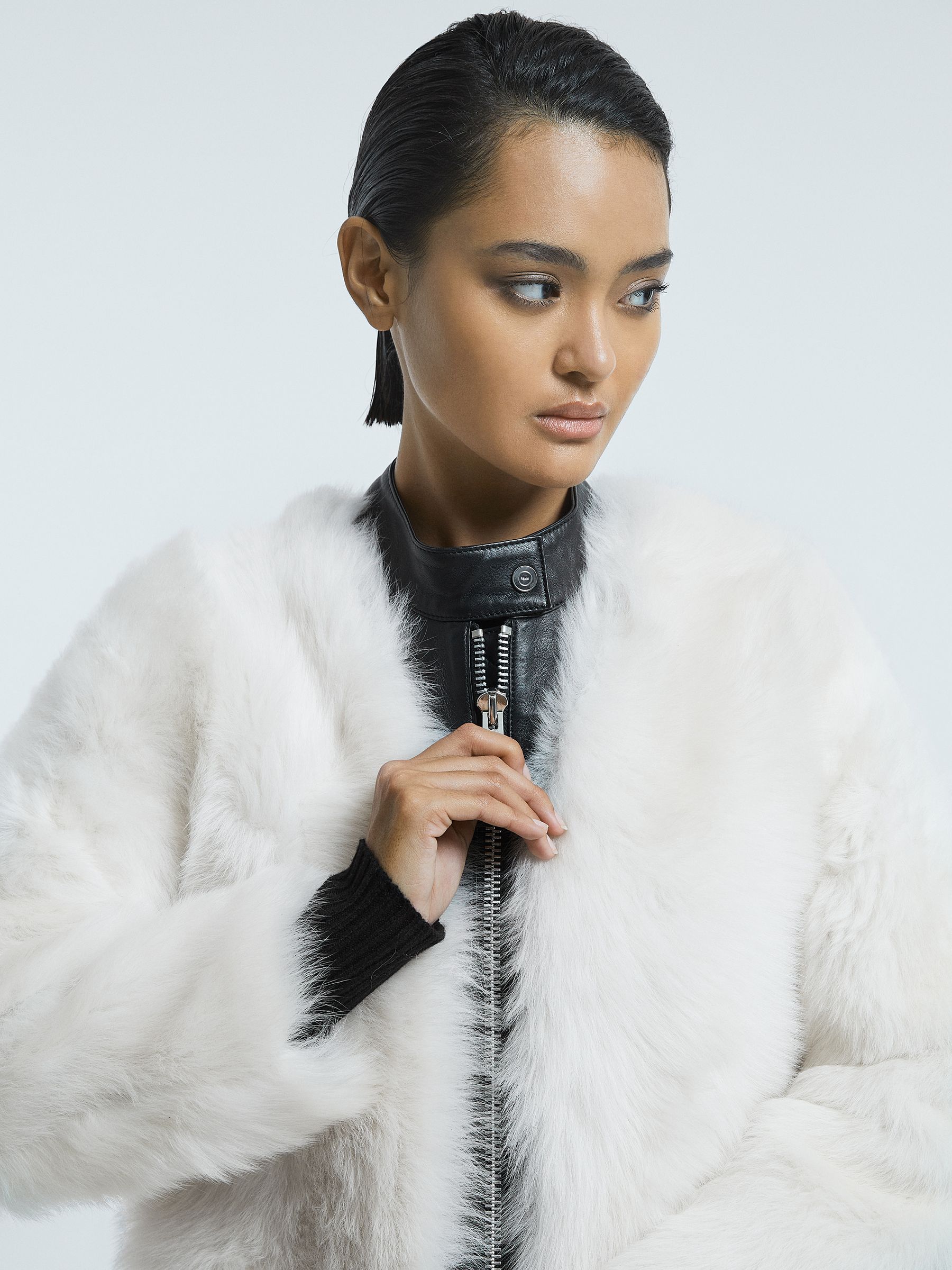 Leather-Shearling Zip-Through Jacket in Ivory/Black - Image 3 of 5