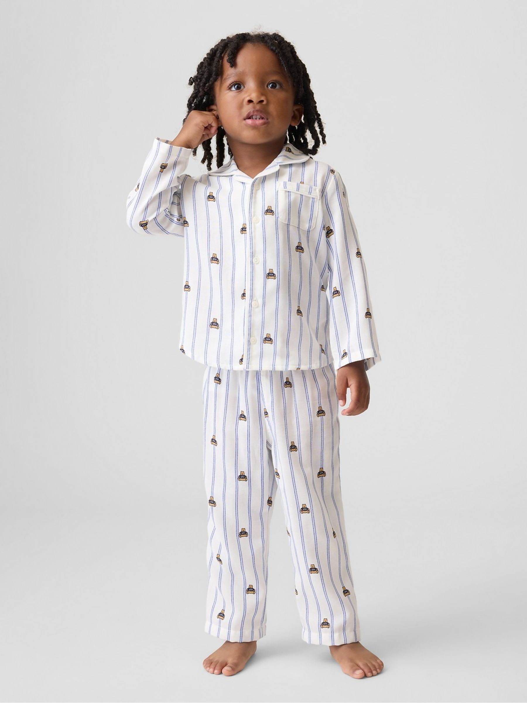 White & Blue Brannan Bear Stripe Flannel Pyjamas Set - Image 2 of 6