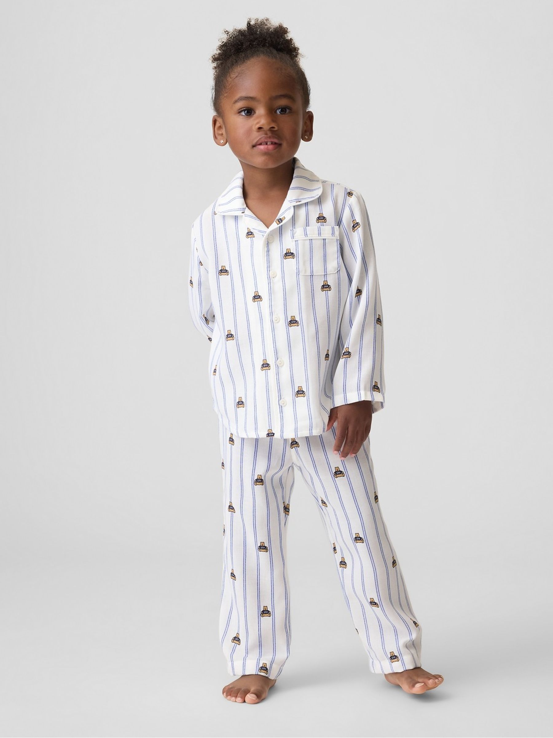 White & Blue Brannan Bear Stripe Flannel Pyjamas Set - Image 3 of 6