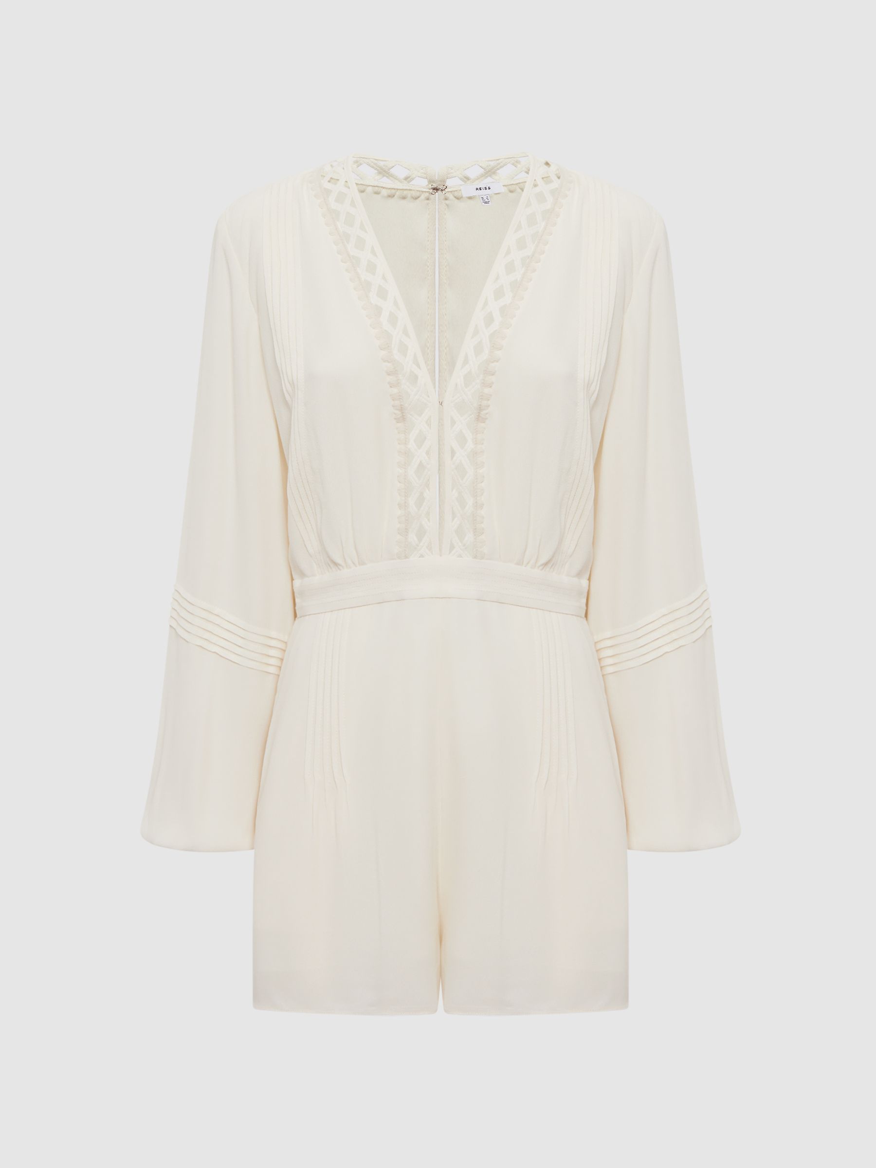 Long Sleeve Lattice Playsuit in Cream - Image 2 of 5