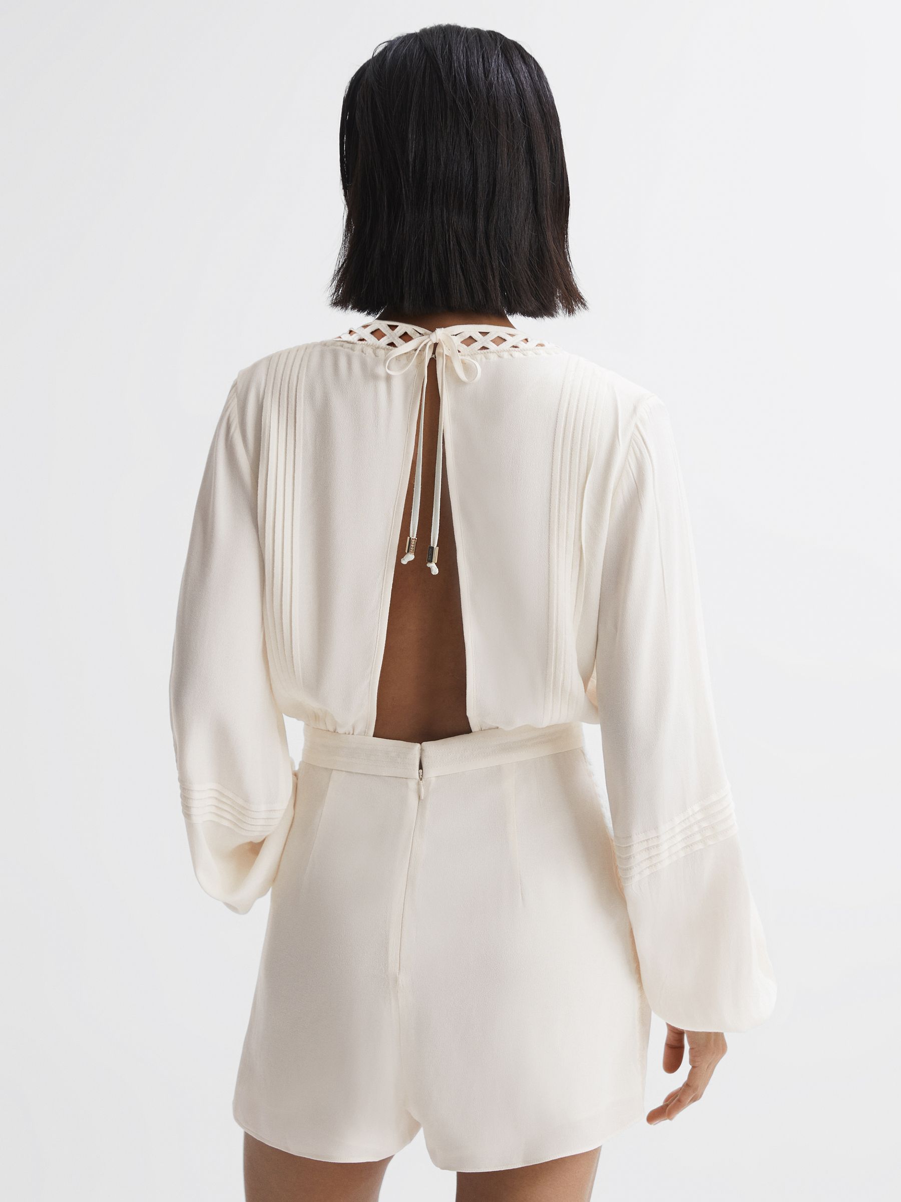 Long Sleeve Lattice Playsuit in Cream - Image 3 of 5