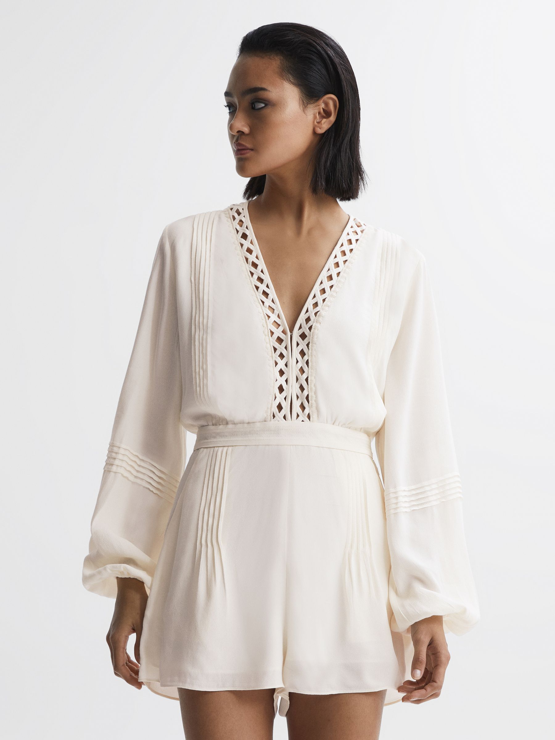 Long Sleeve Lattice Playsuit in Cream - Image 4 of 5