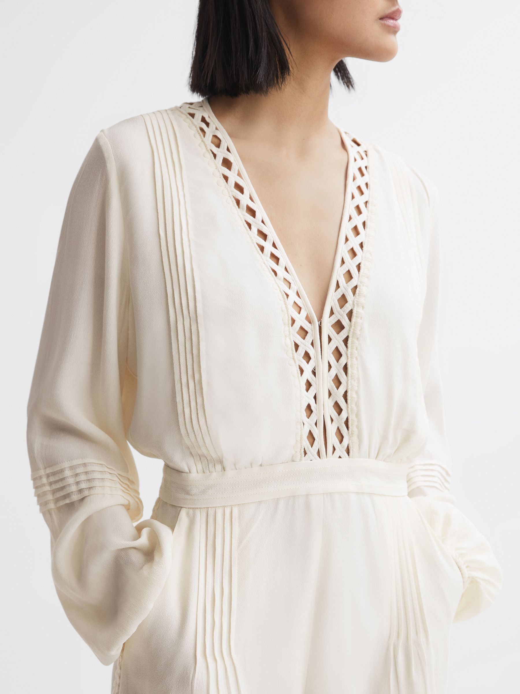 Long Sleeve Lattice Playsuit in Cream - Image 5 of 5