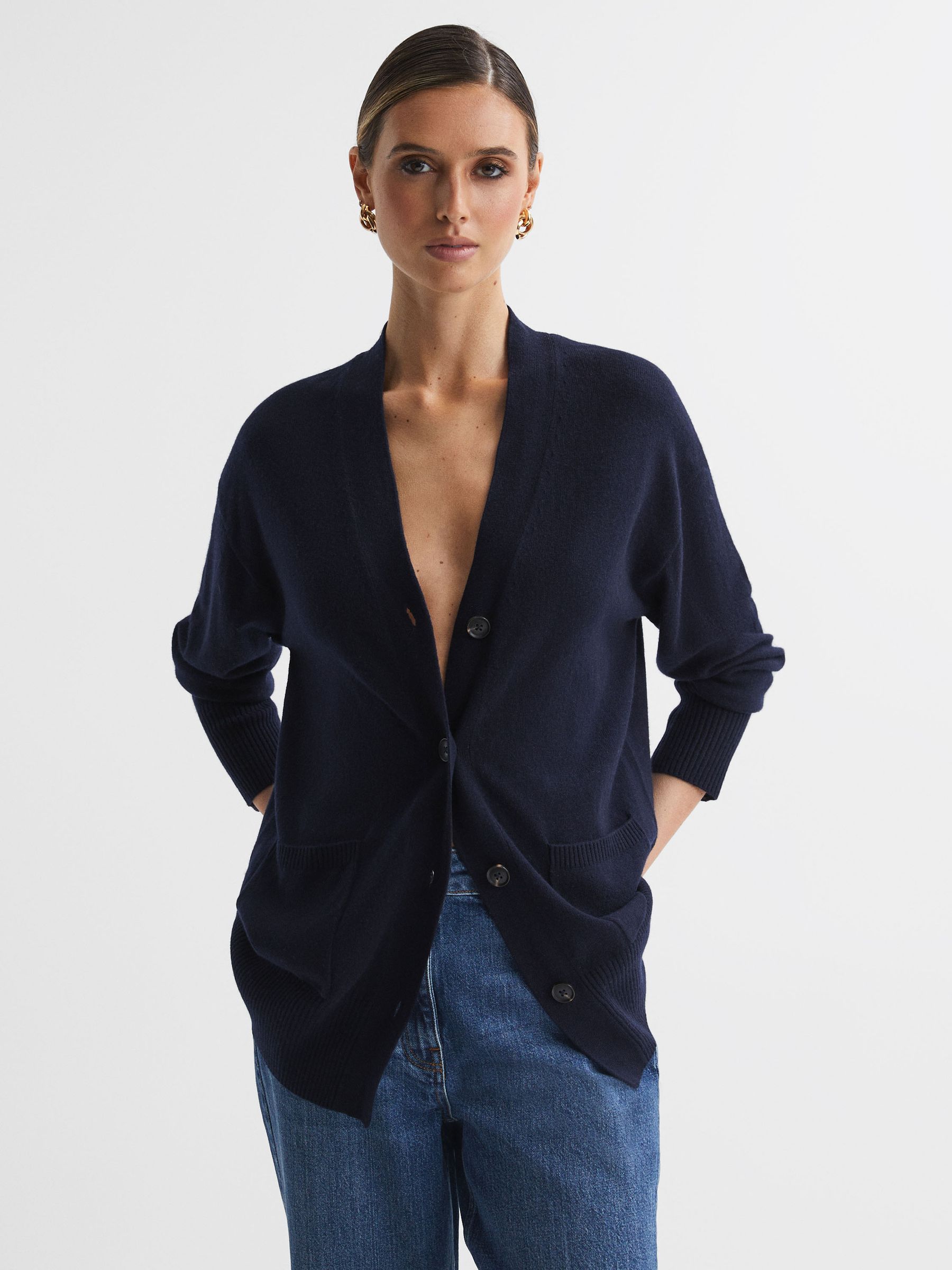 Wool Blend Button-Through Cardigan in Navy - Image 1 of 5