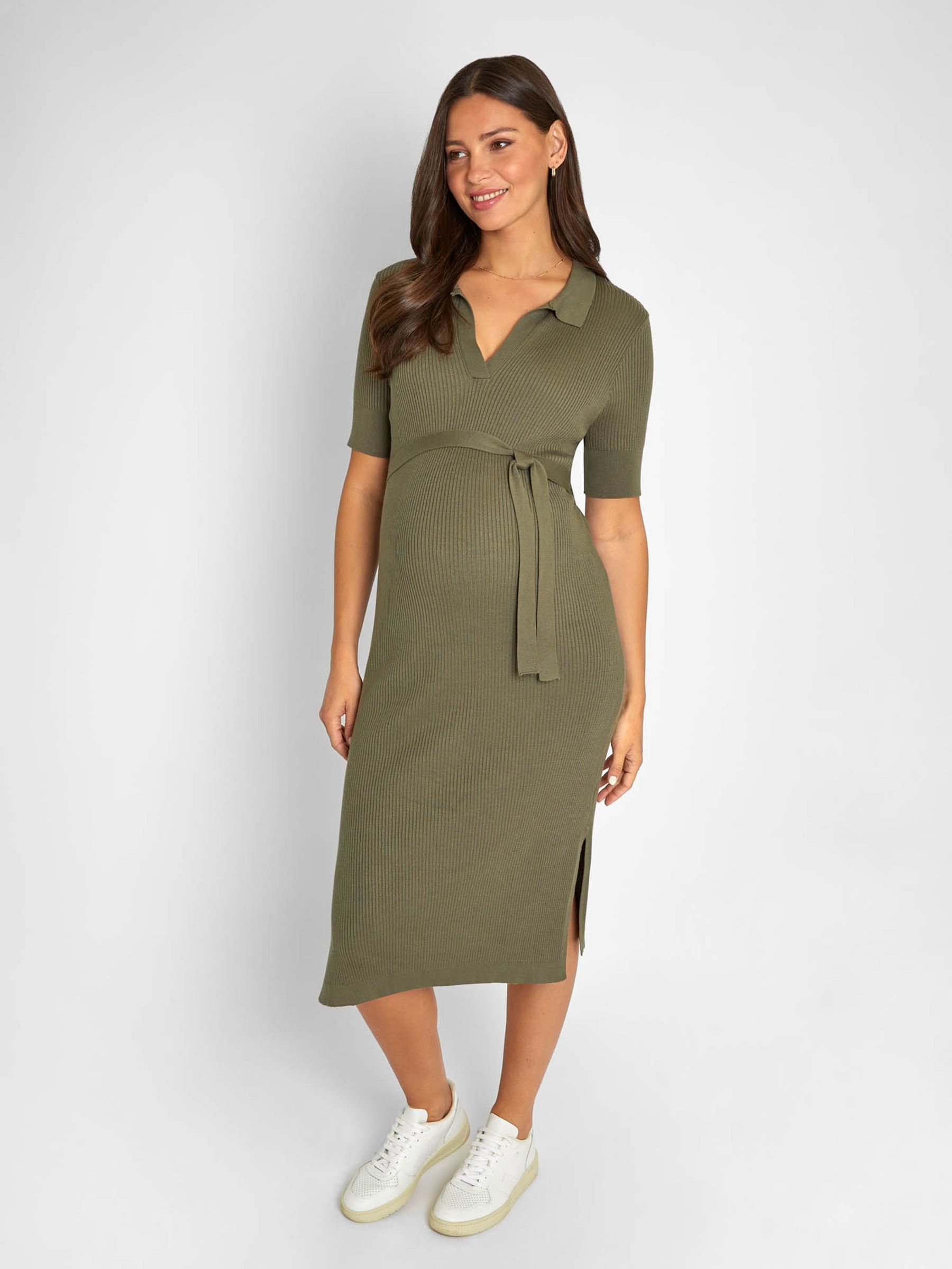 Khaki Green Collared Ribbed Knitted Maternity Dress - Image 1 of 4