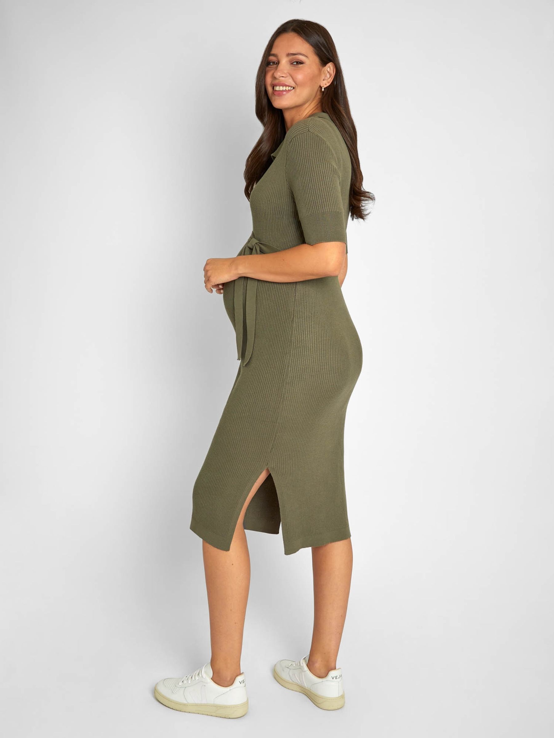 Khaki Green Collared Ribbed Knitted Maternity Dress - Image 2 of 4