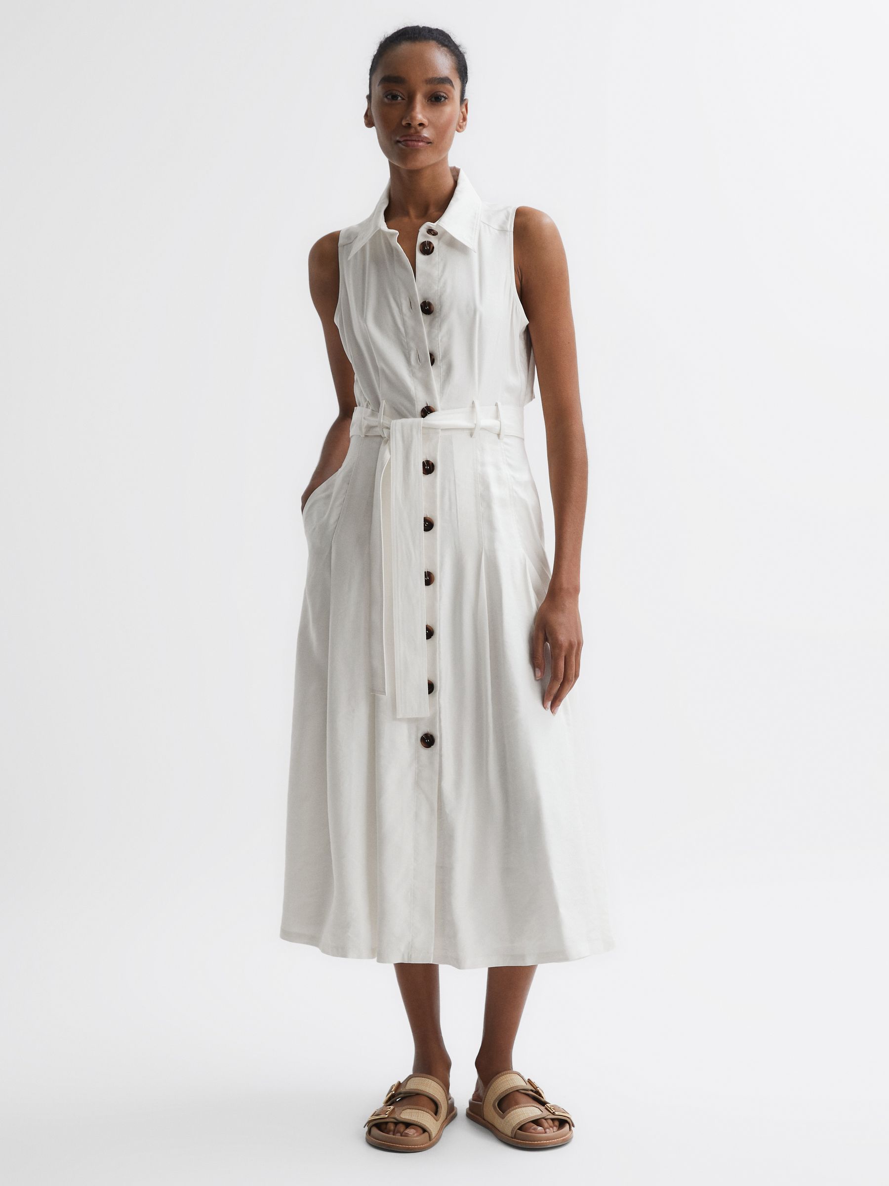 Reiss Button Front Midi Dress in Ivory | REISS