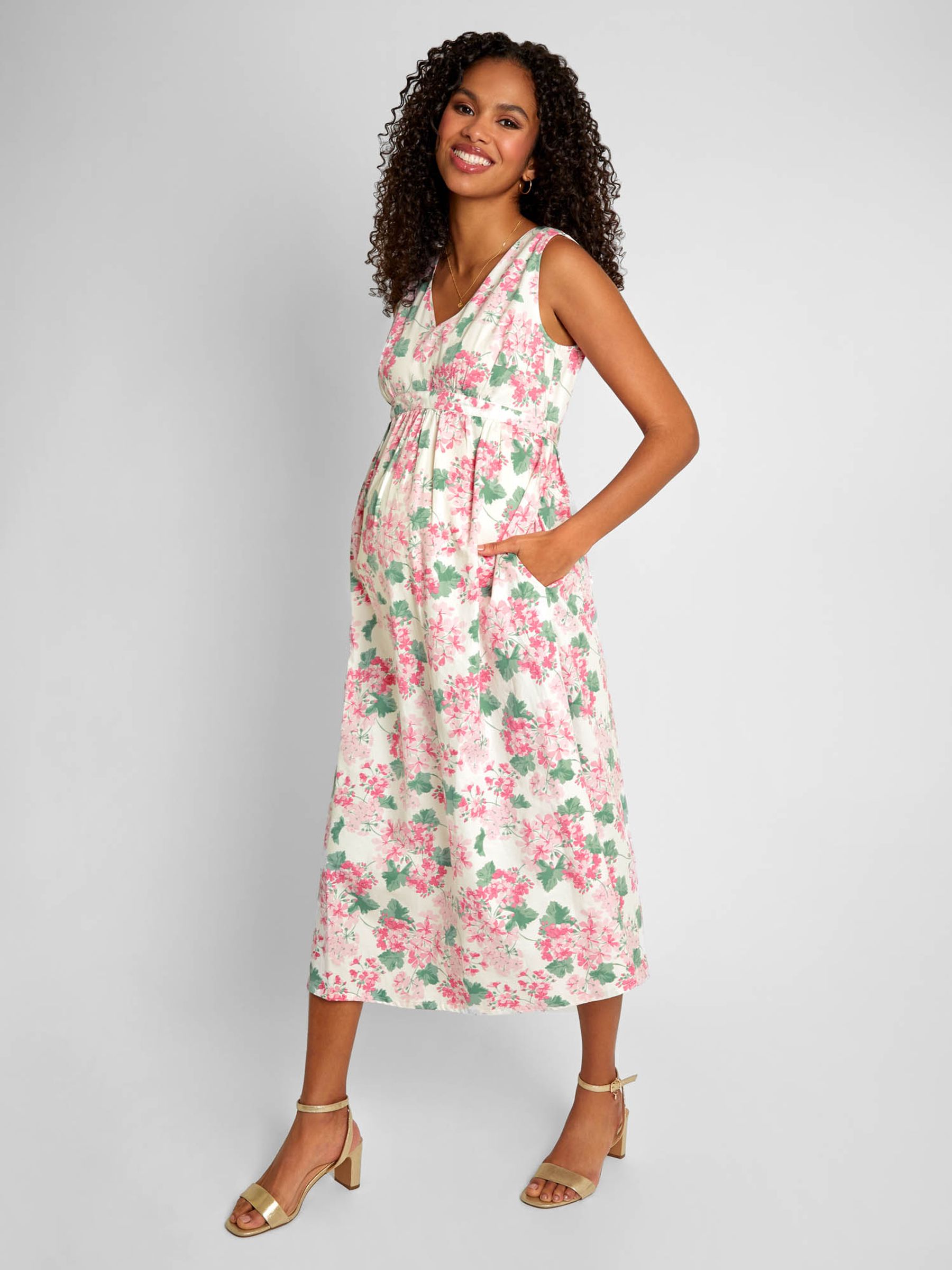 Pink Hydrangea Print V-Neck Maternity Midi Dress - Image 1 of 5