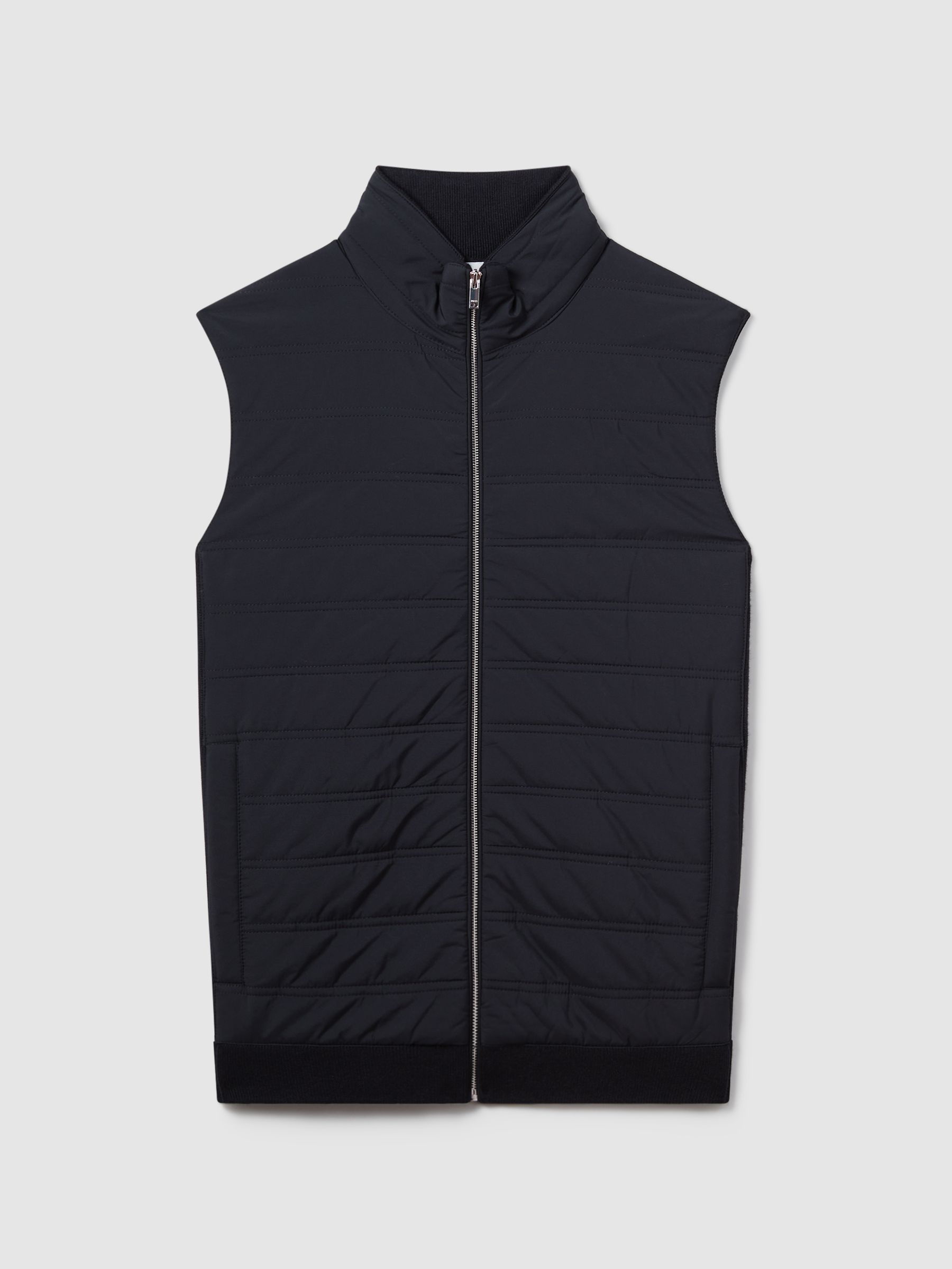 Hybrid Quilt and Knit Zip-Through Gilet in Navy - Image 2 of 9