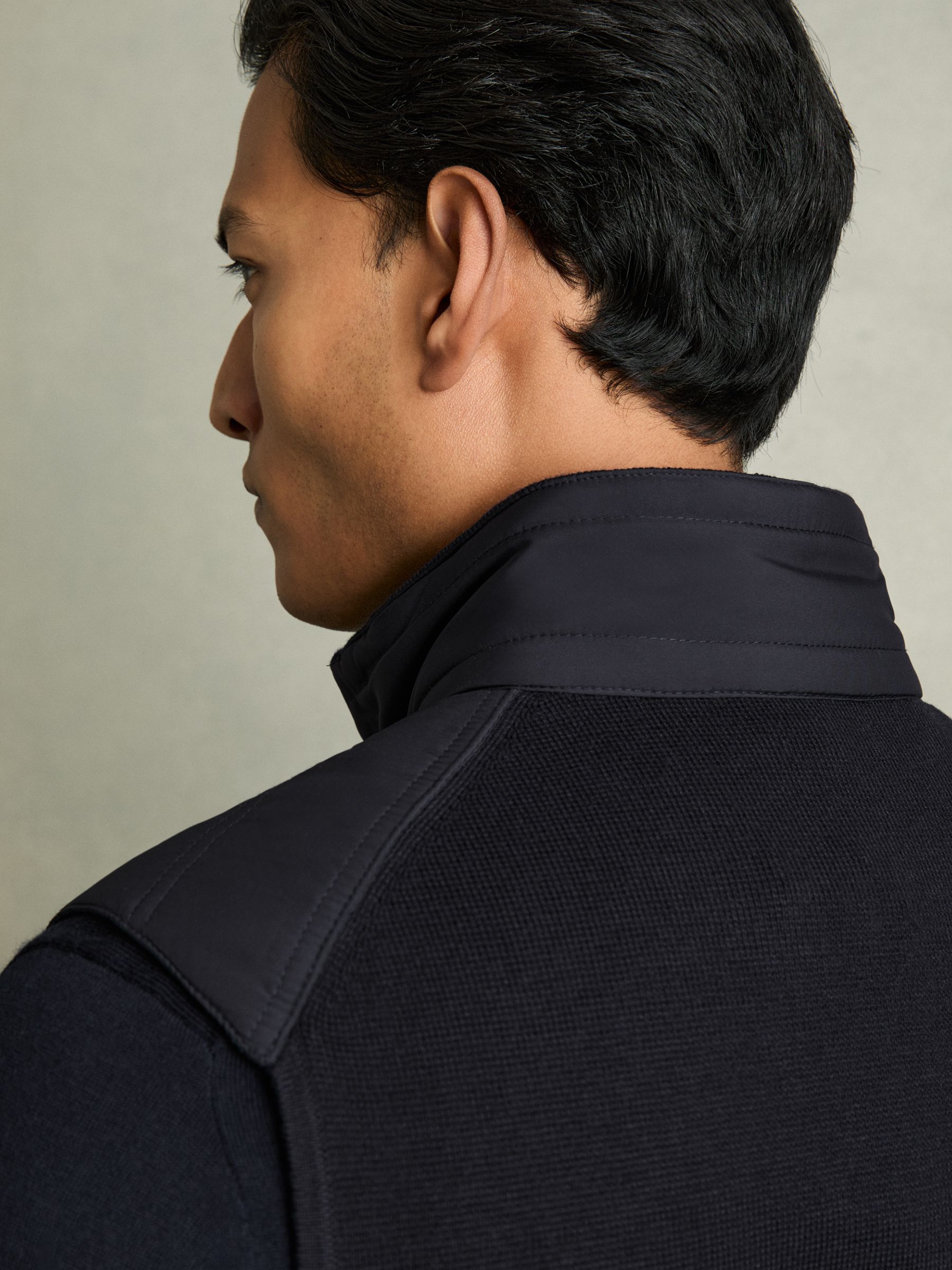 Hybrid Quilt and Knit Zip-Through Gilet in Navy - Image 6 of 9