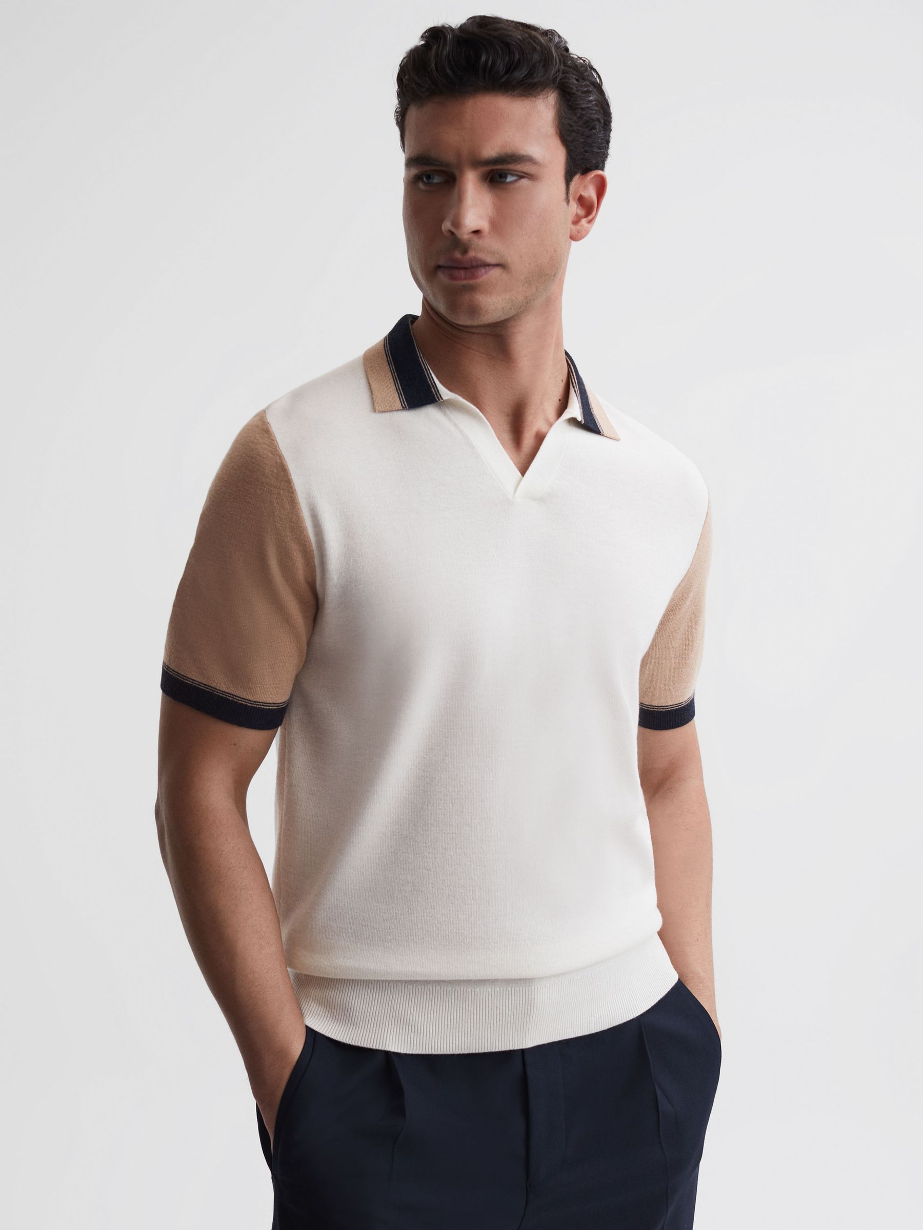 Open Collar Striped Polo Shirt in Ecru/Camel - Image 1 of 6 Open Collar Striped Polo Shirt in Ecru/Camel - Image 1 of 6
