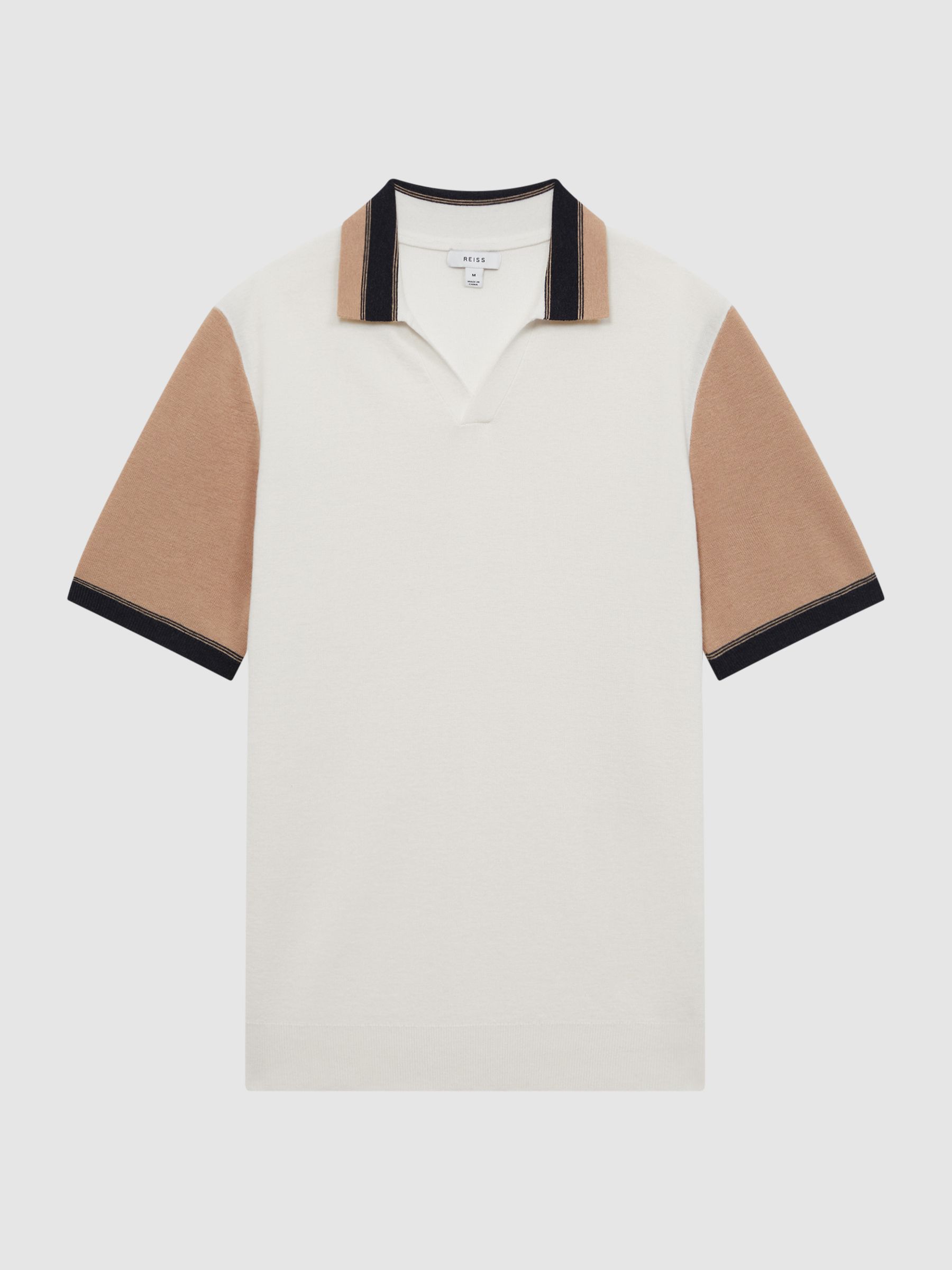 Open Collar Striped Polo Shirt in Ecru/Camel - Image 2 of 6