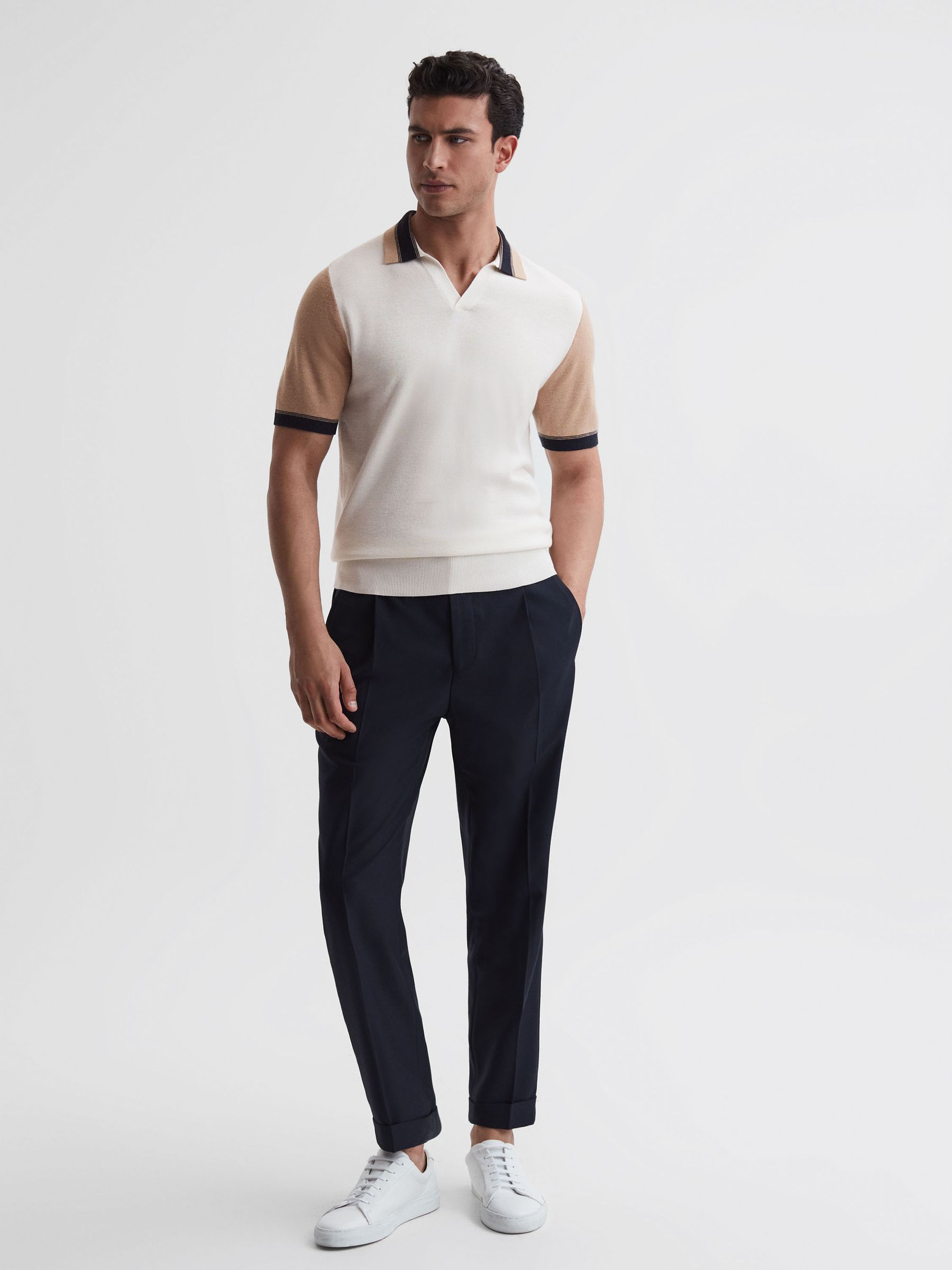 Open Collar Striped Polo Shirt in Ecru/Camel - Image 3 of 6