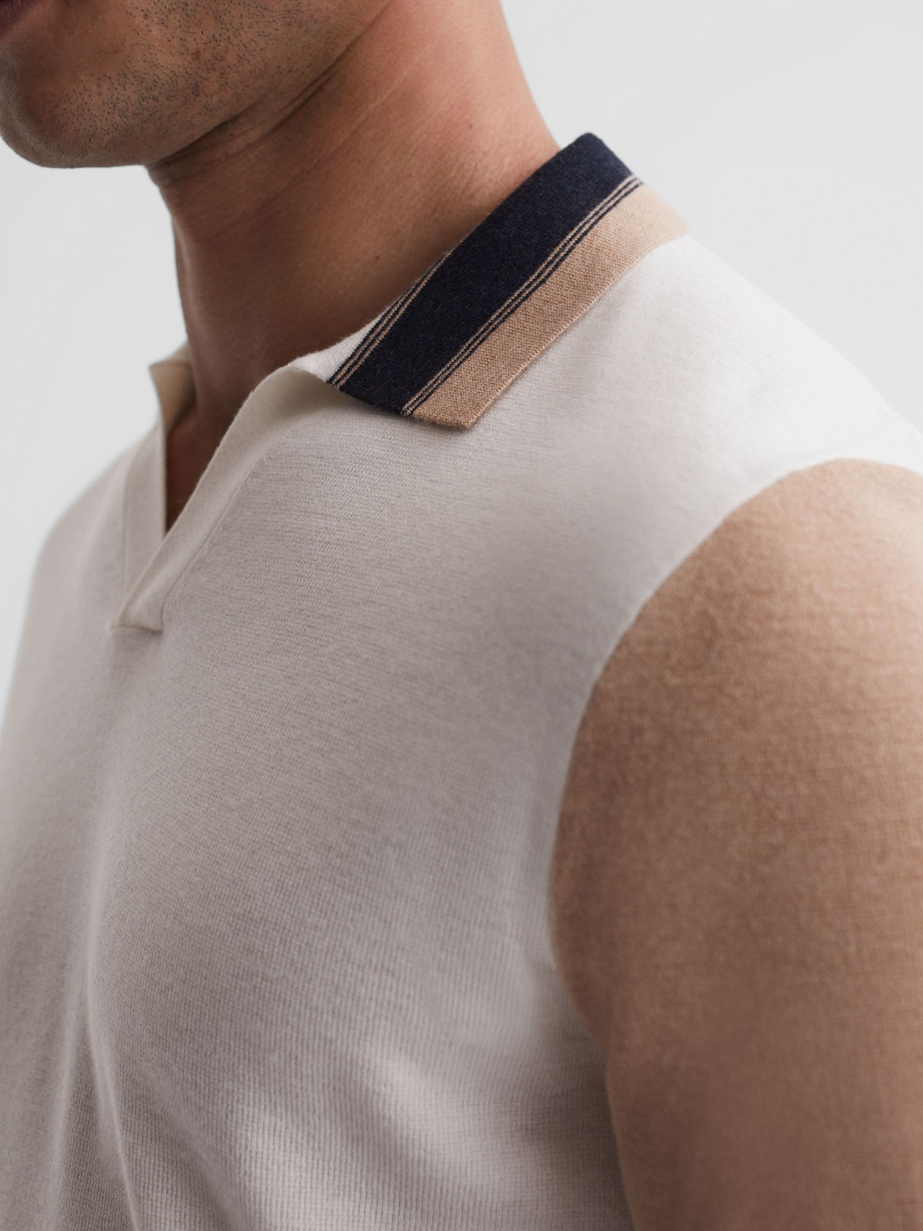 Open Collar Striped Polo Shirt in Ecru/Camel - Image 4 of 6