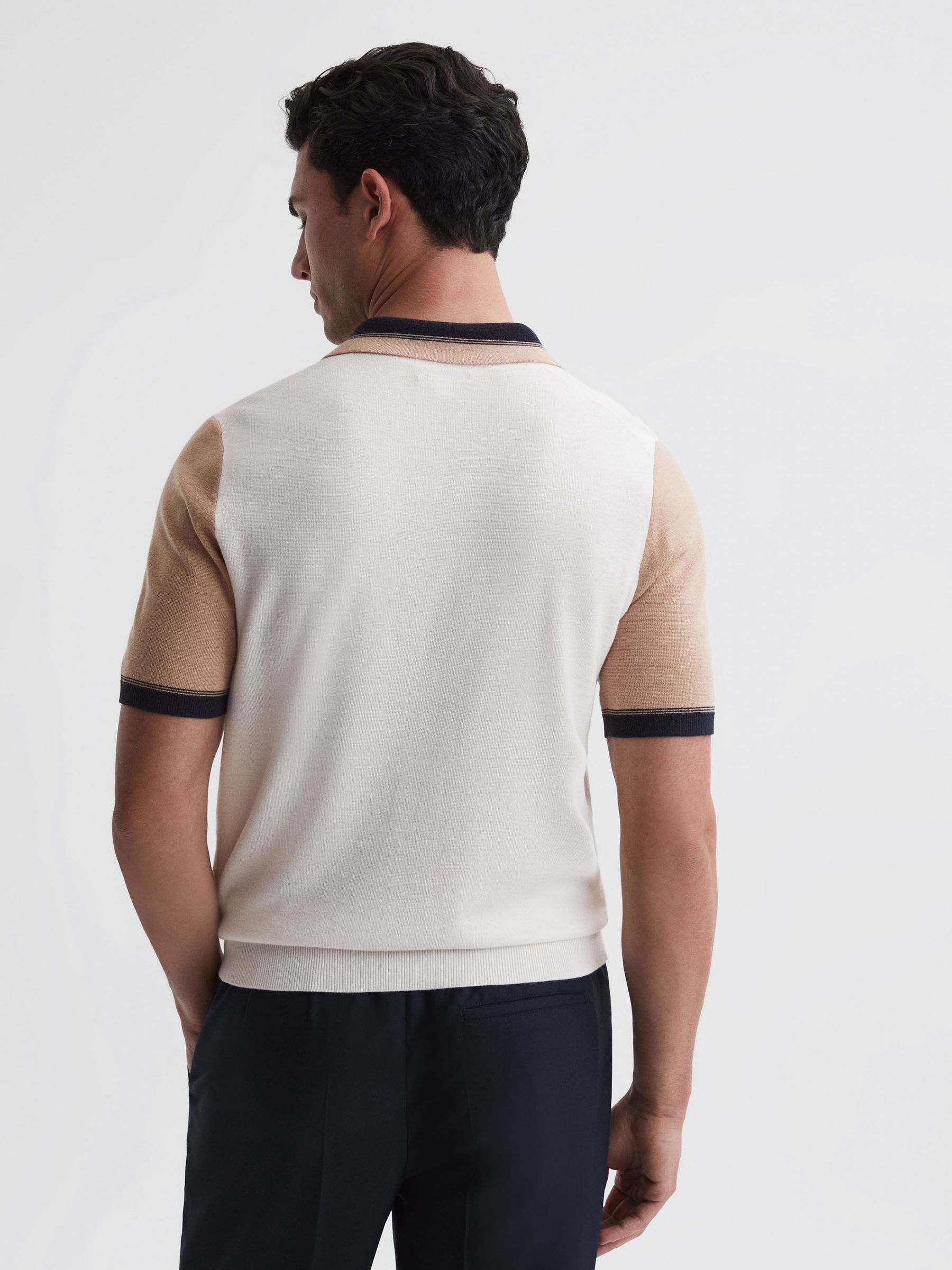 Open Collar Striped Polo Shirt in Ecru/Camel - Image 5 of 6