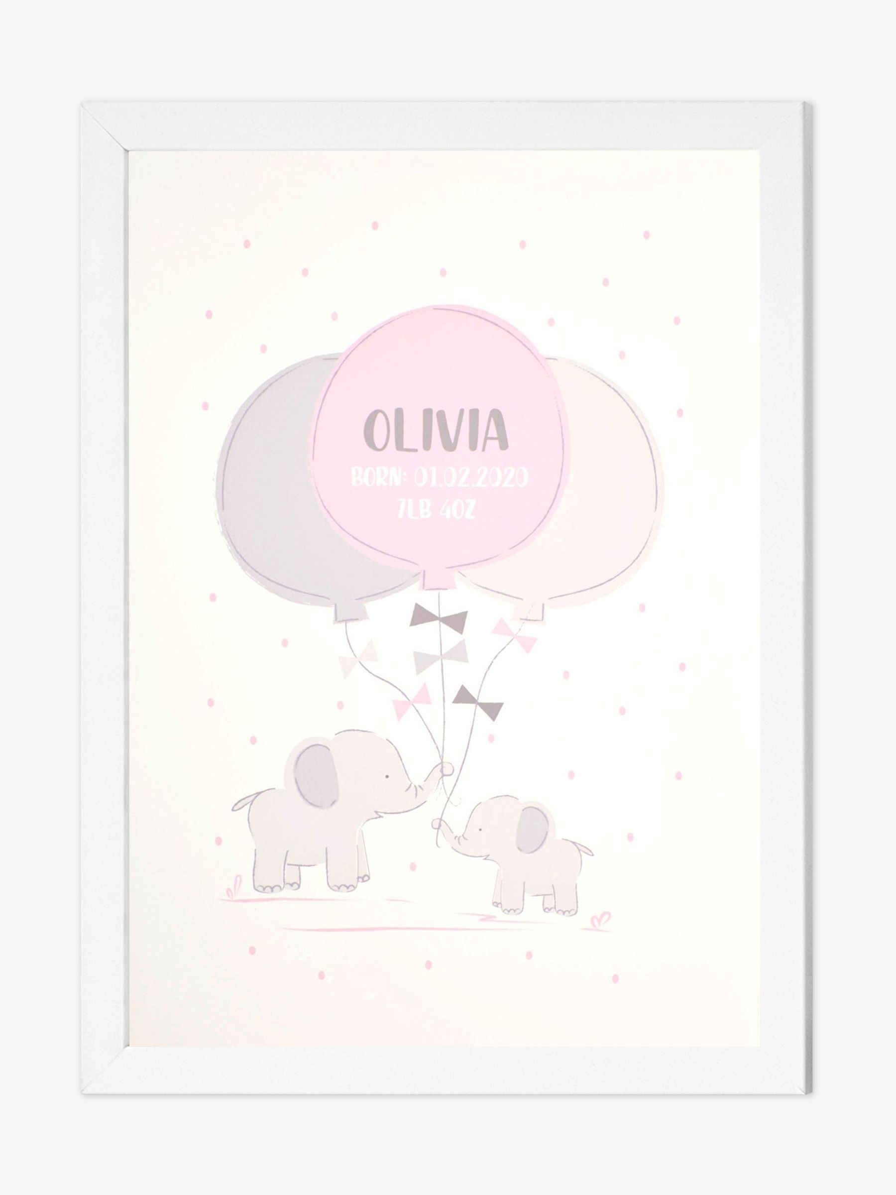 White Personalised Framed Baby Elephant Print - Image 1 of 1