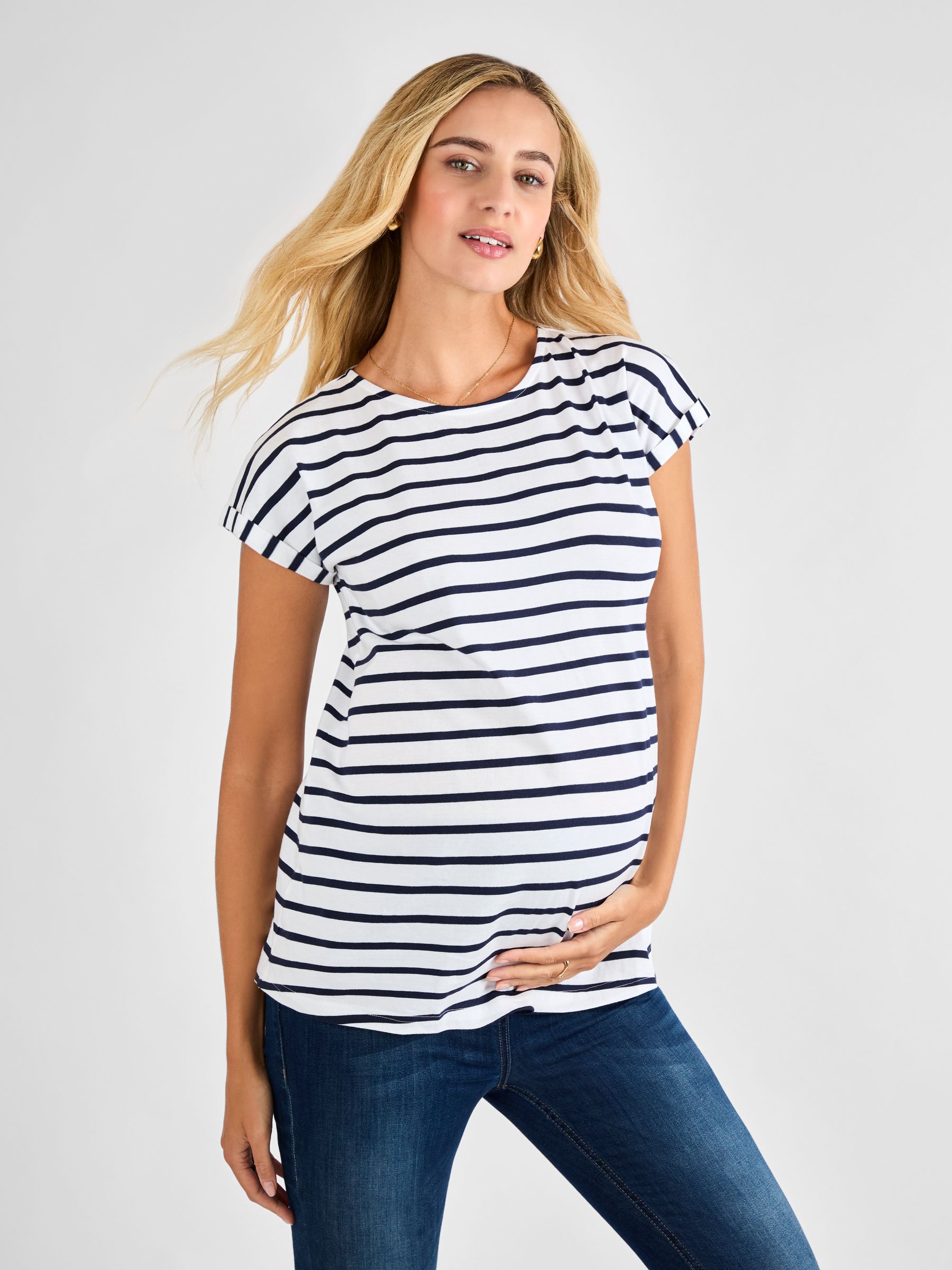 White Navy Stripe Boyfriend Cotton Maternity T-Shirt - Image 1 of 4