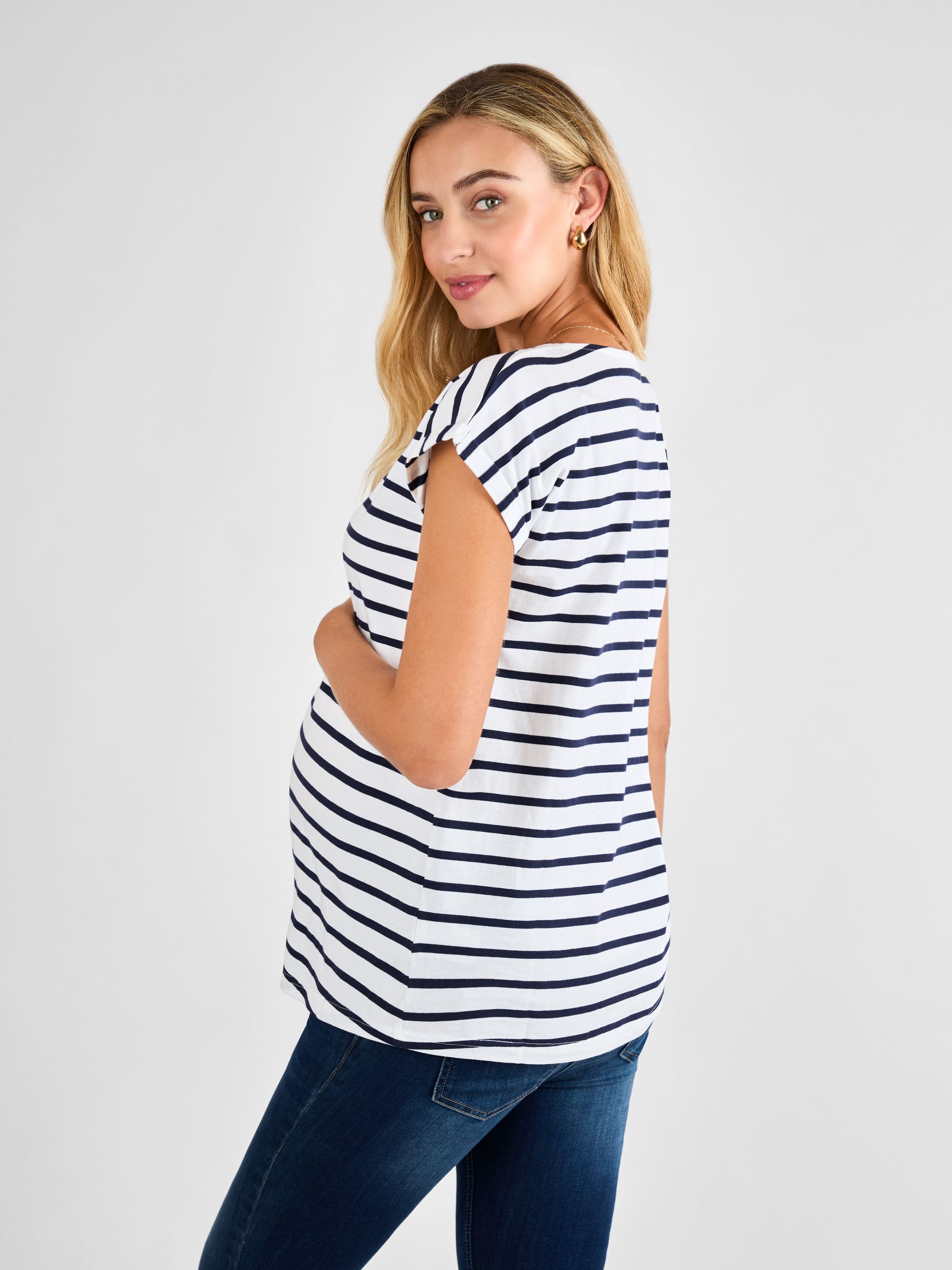 White Navy Stripe Boyfriend Cotton Maternity T-Shirt - Image 2 of 4