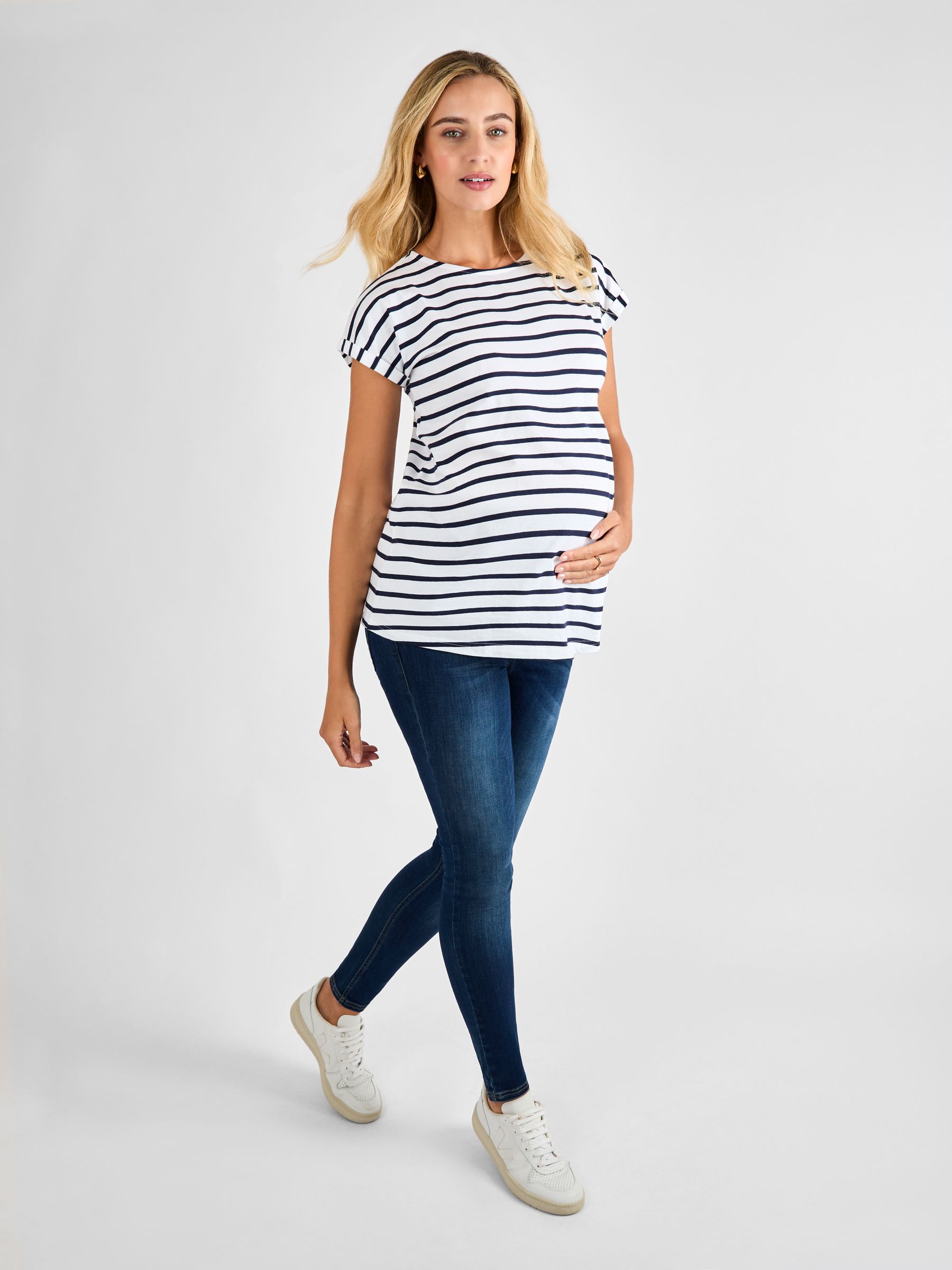 White Navy Stripe Boyfriend Cotton Maternity T-Shirt - Image 3 of 4