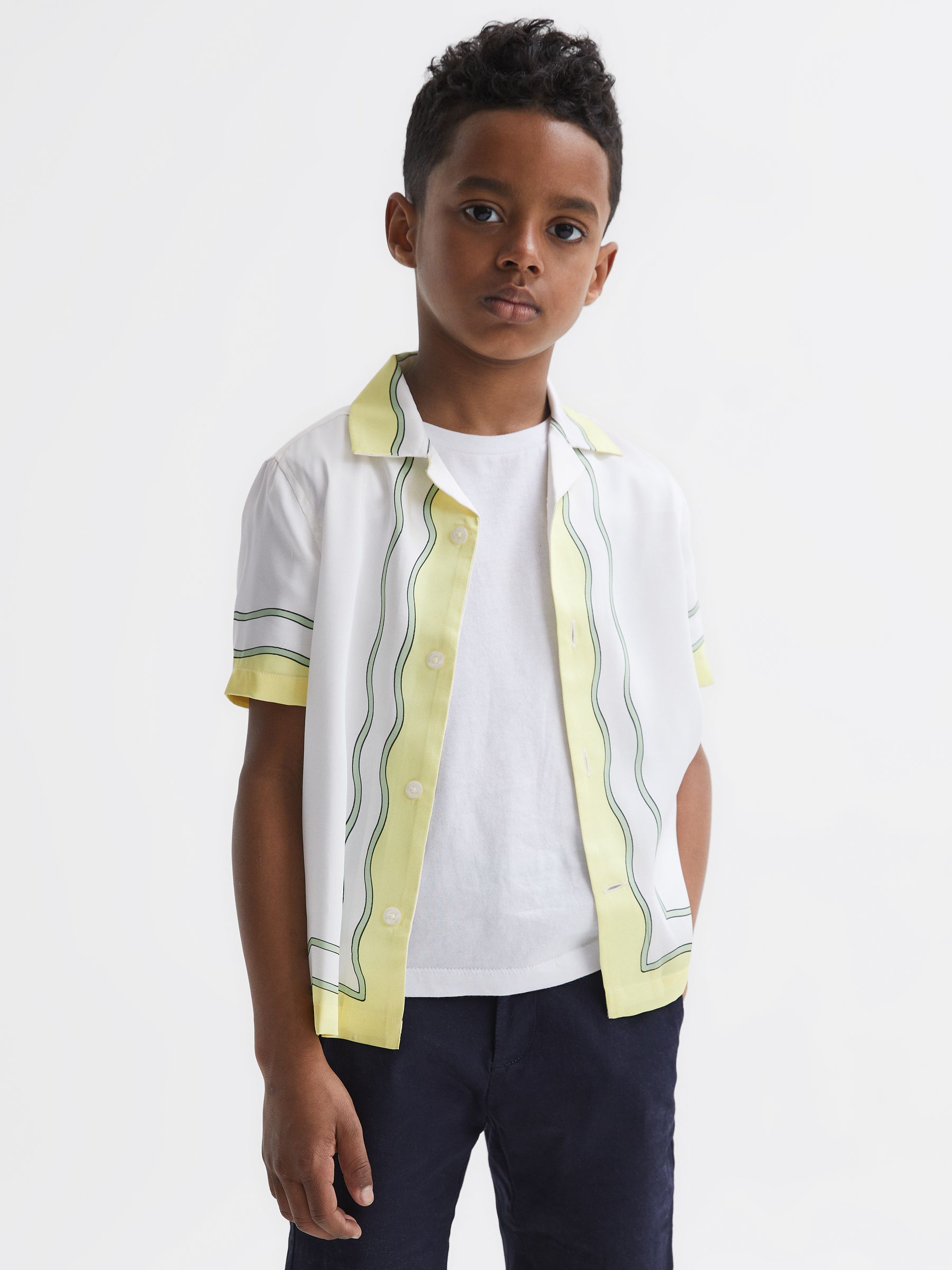 Junior Printed Cuban Collar Short Sleeve Shirt in Ecru - Image 1 of 6