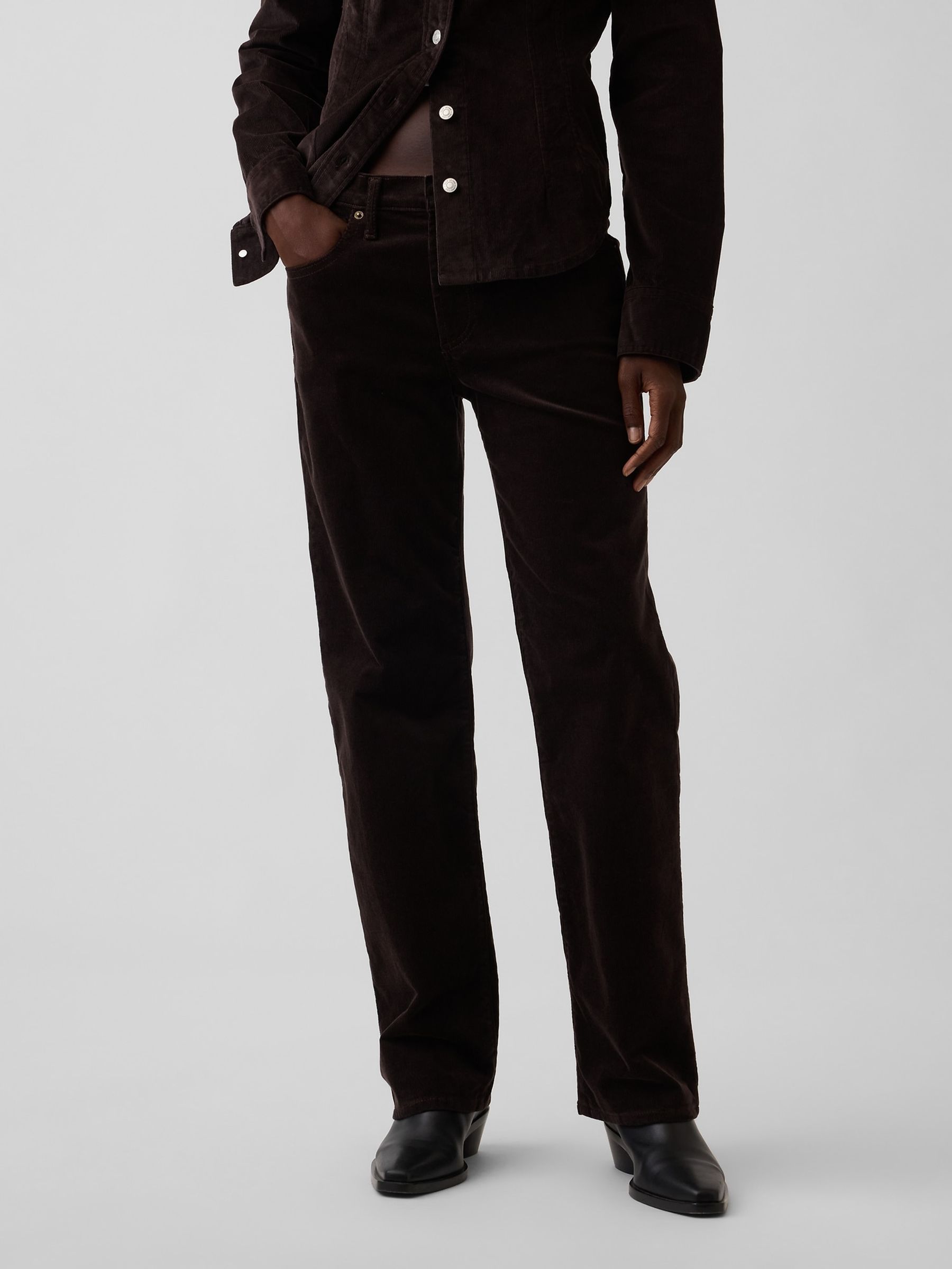 Brown Corduroy Mid Rise Corduroy Relaxed Straight Trousers - Image 1 of 6