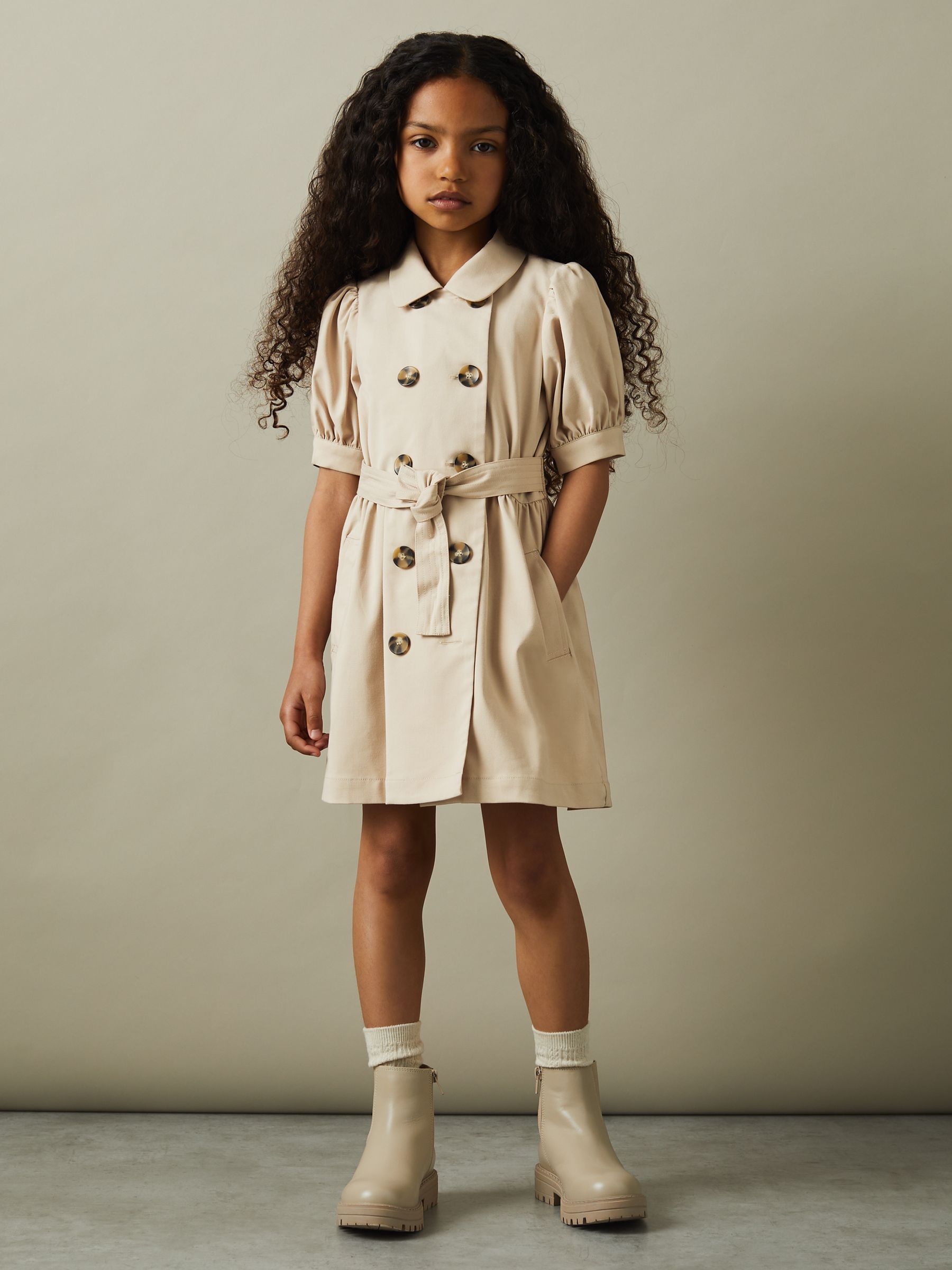 9-13 yrs Puff Sleeve Belted Dress in Camel - Image 2 of 6 9-13 yrs Puff Sleeve Belted Dress in Camel - Image 2 of 6