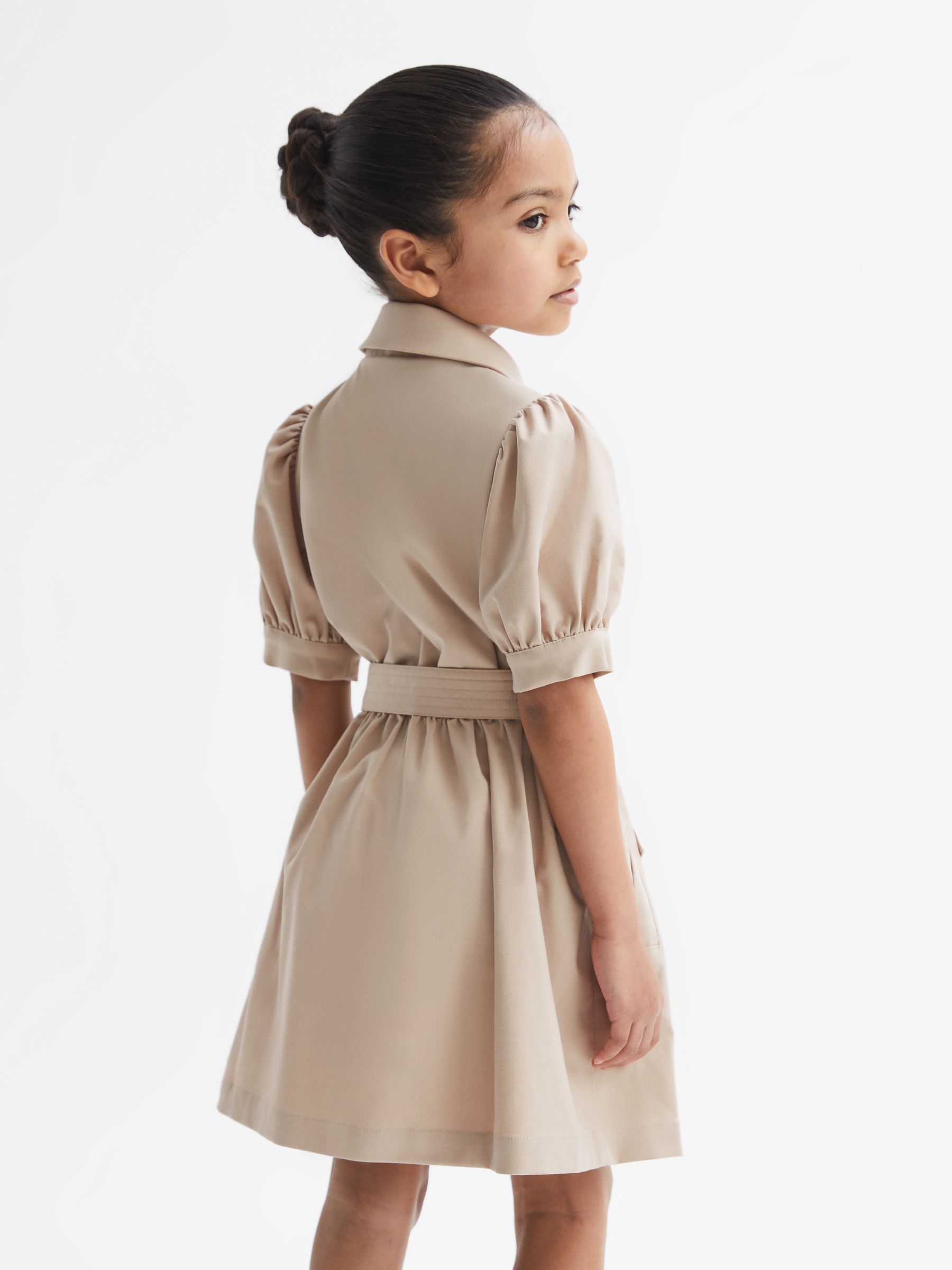 9-13 yrs Puff Sleeve Belted Dress in Camel - Image 3 of 6