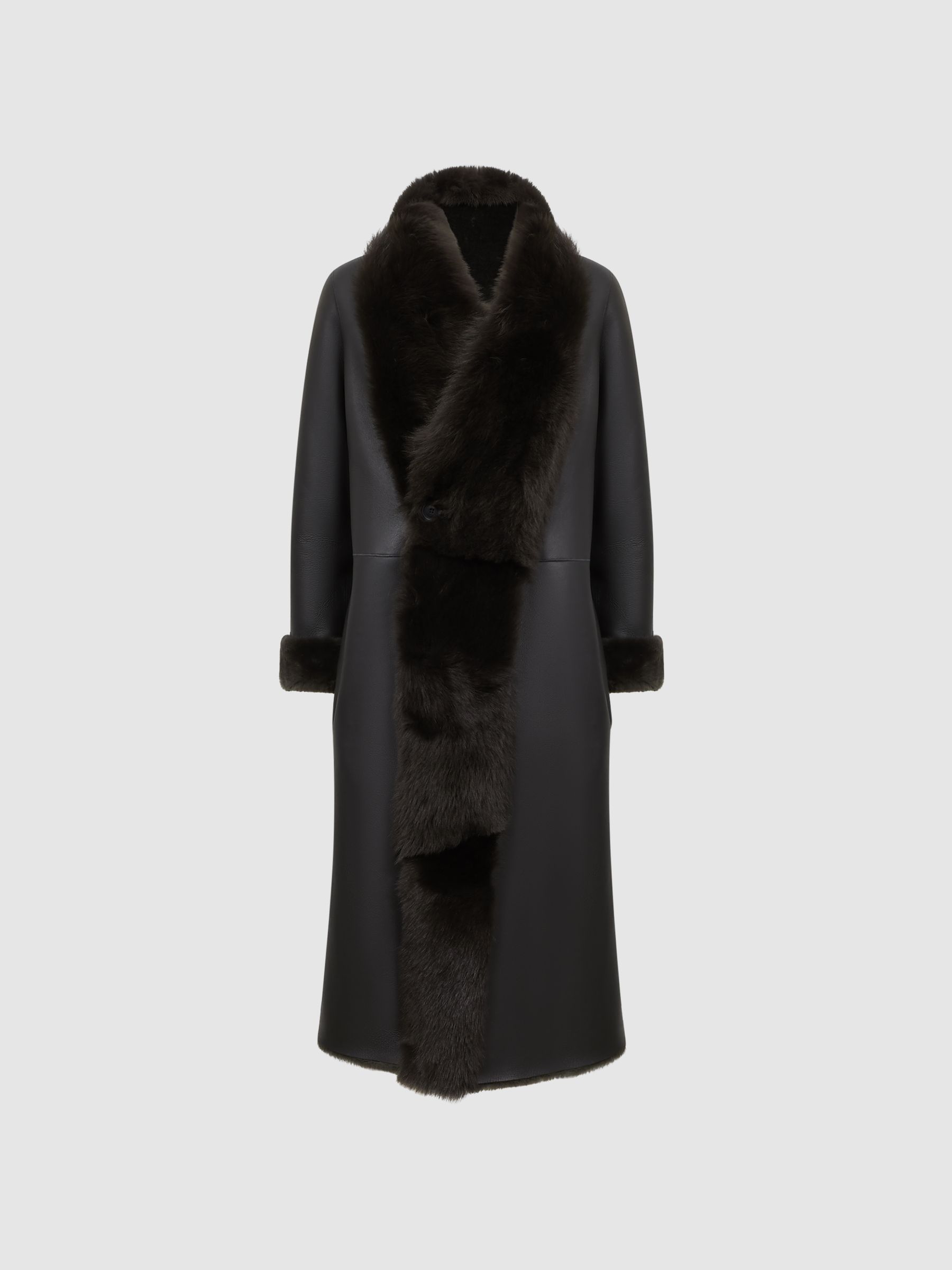 Reversible Longline Leather Shearling Coat in Brown - Image 2 of 7