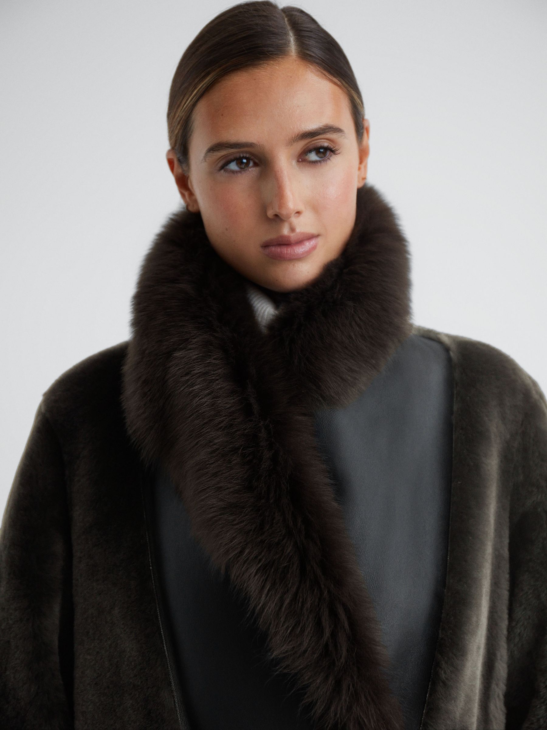 Reversible Longline Leather Shearling Coat in Brown - Image 4 of 7