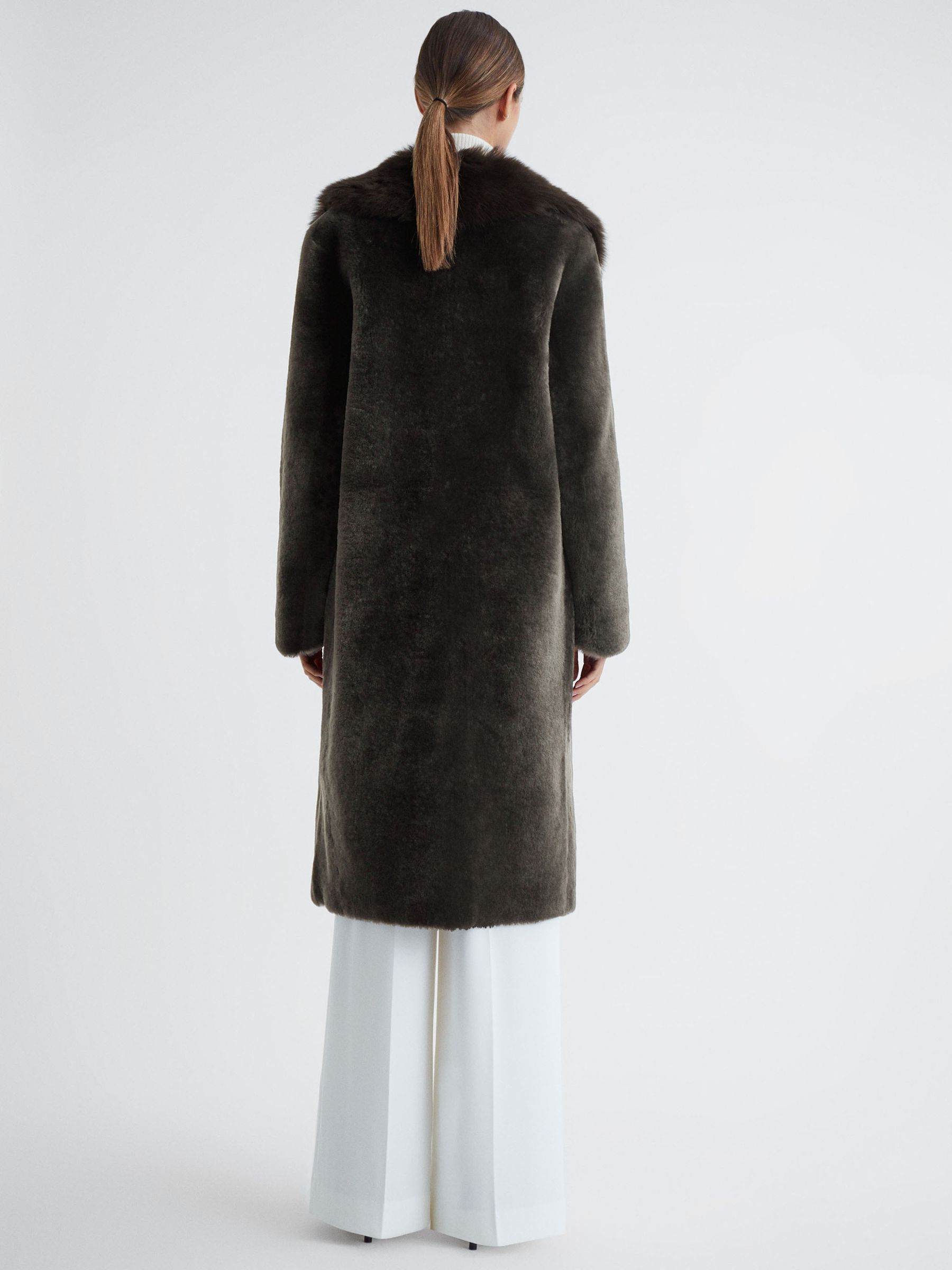 Reversible Longline Leather Shearling Coat in Brown - Image 5 of 7