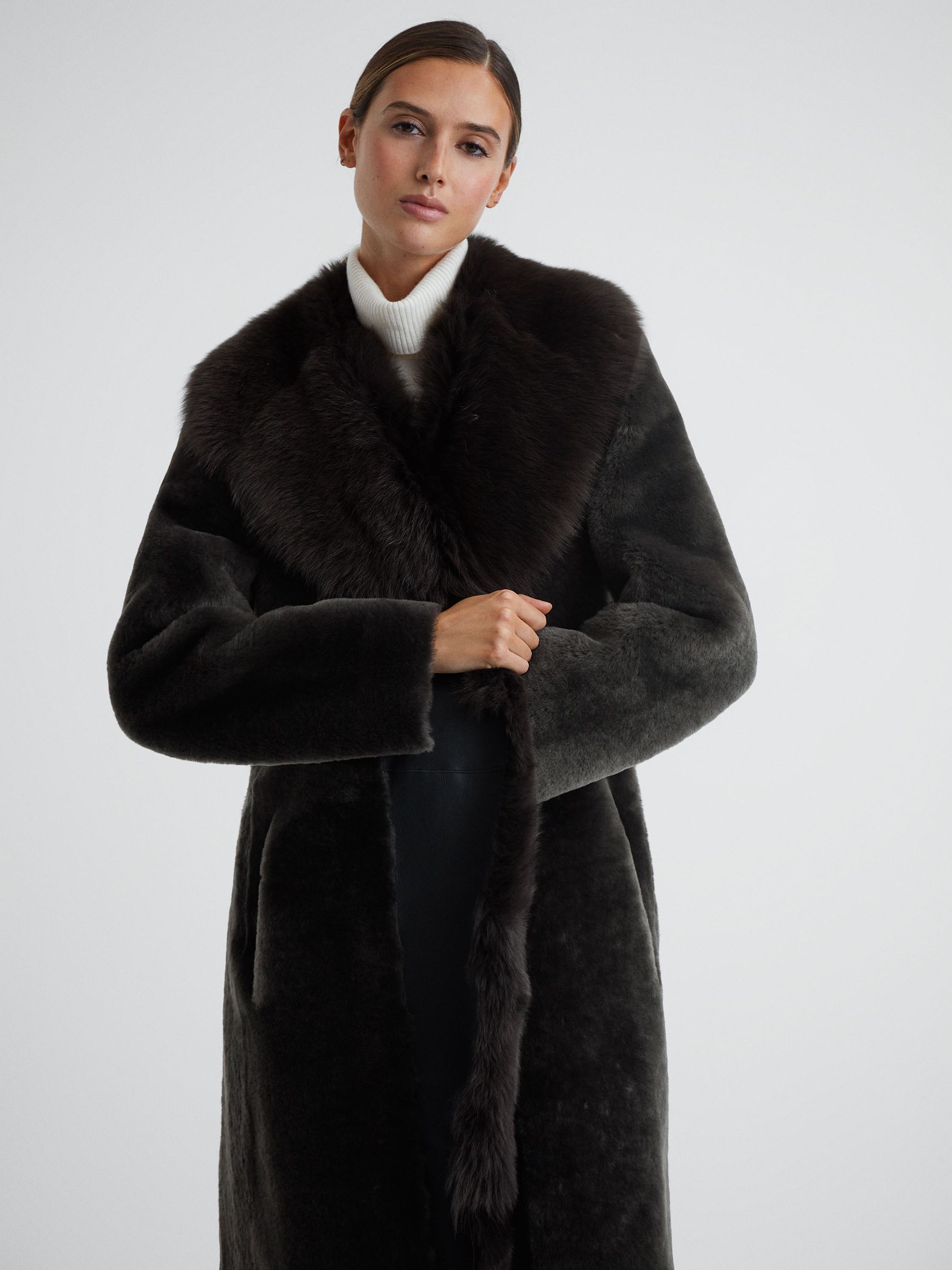 Reversible Longline Leather Shearling Coat in Brown - Image 6 of 7