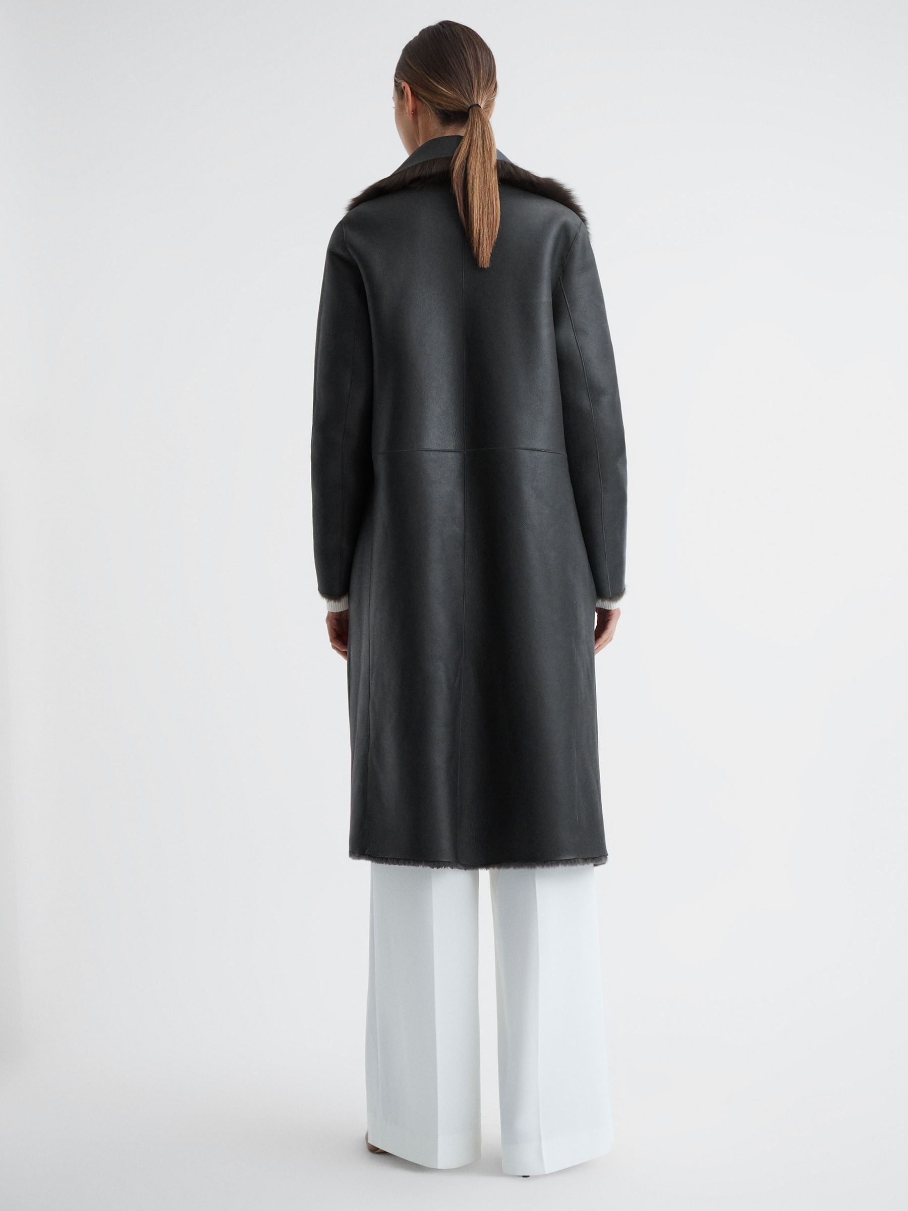 Reversible Longline Leather Shearling Coat in Brown - Image 7 of 7