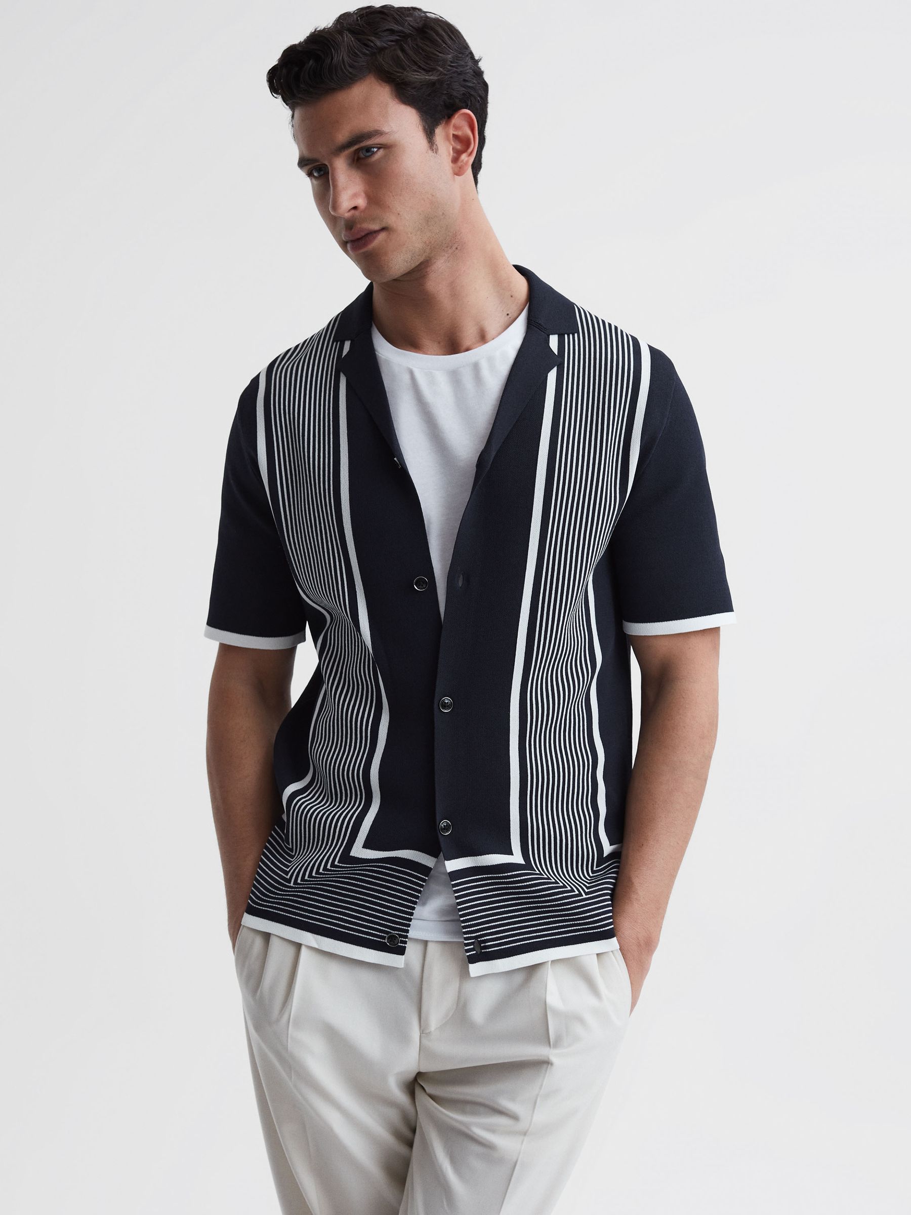 Striped Cuban Collar Shirt in Navy/White - Image 1 of 4 Striped Cuban Collar Shirt in Navy/White - Image 1 of 4