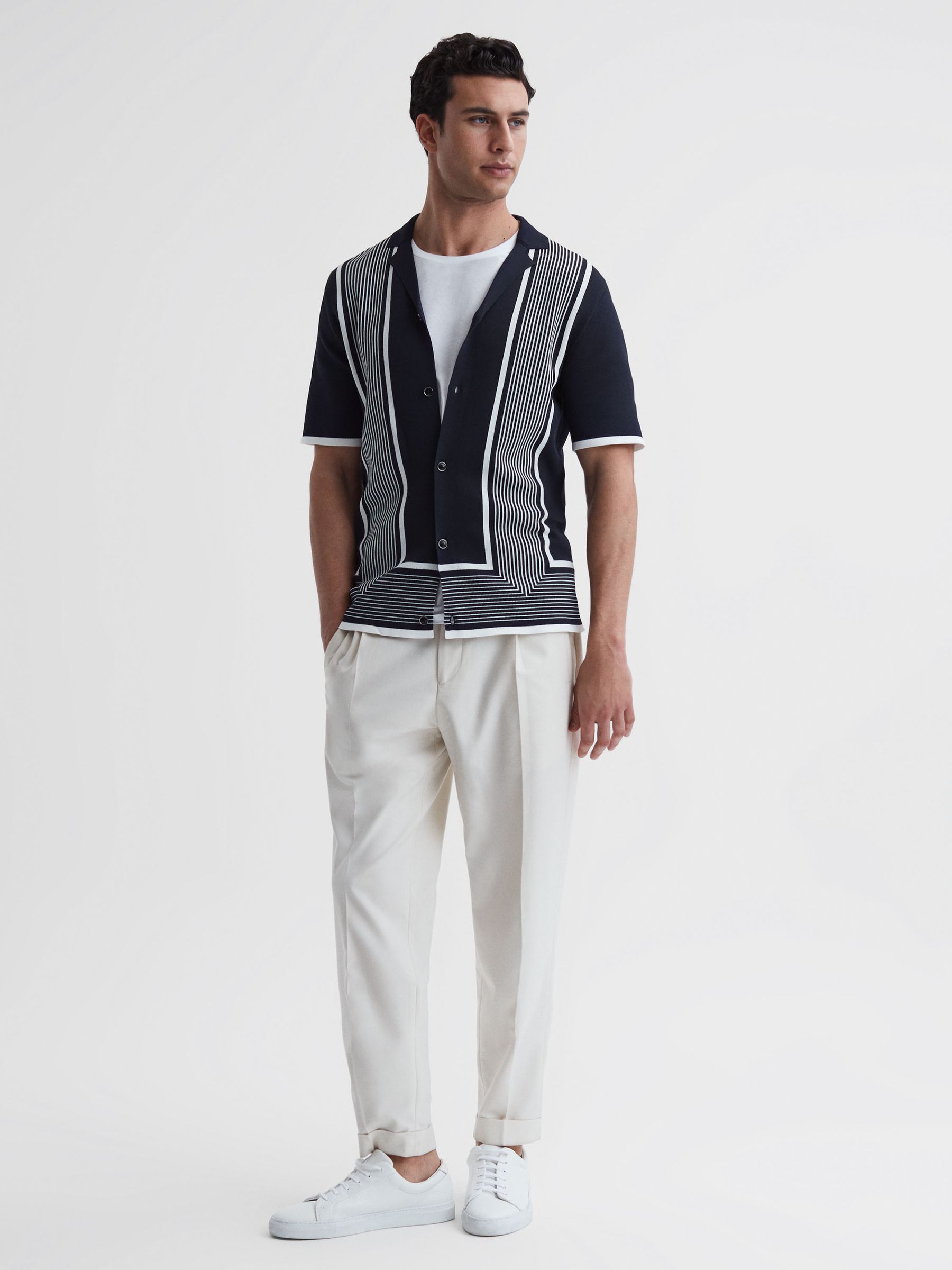 Striped Cuban Collar Shirt in Navy/White - Image 3 of 4