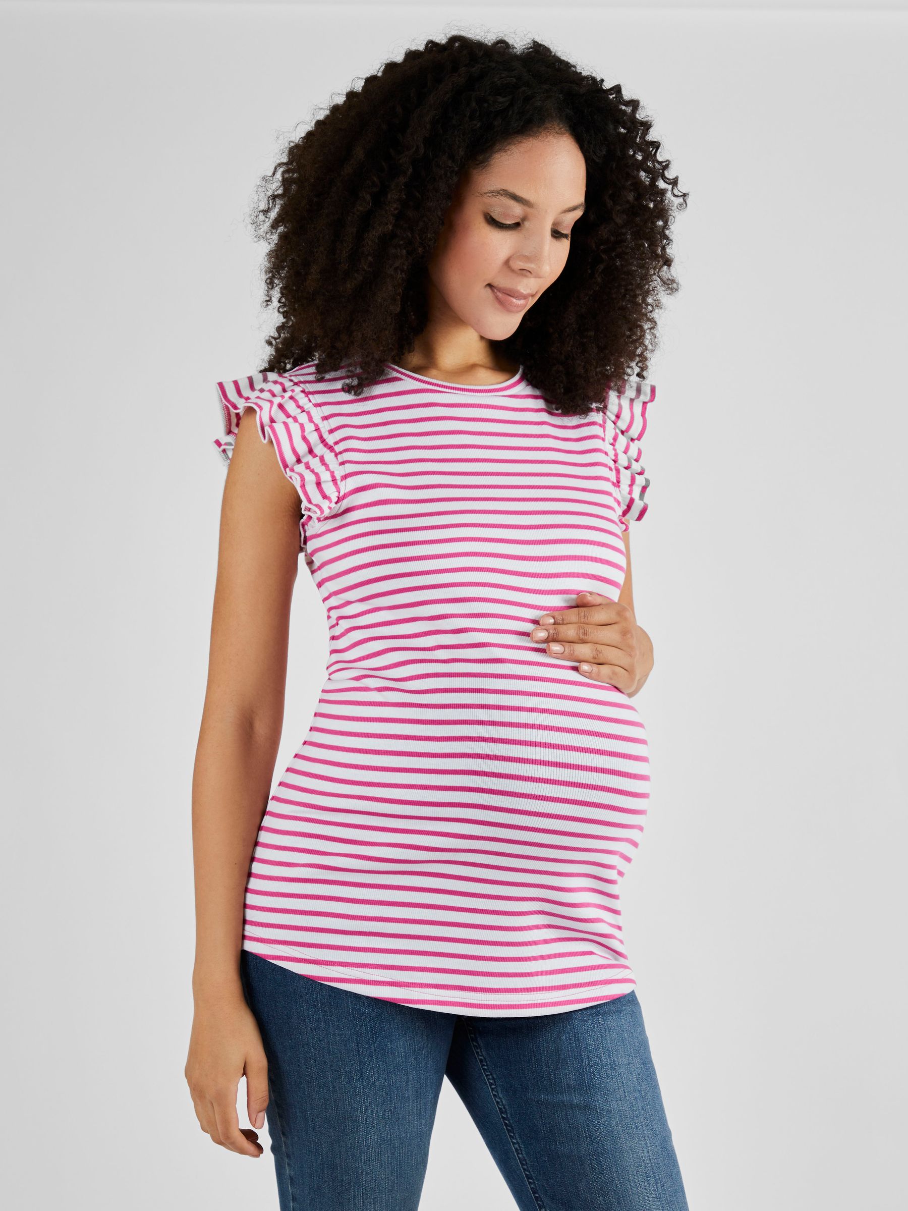 Pink Stripe Crew Neck Flutter Maternity Top - Image 1 of 4