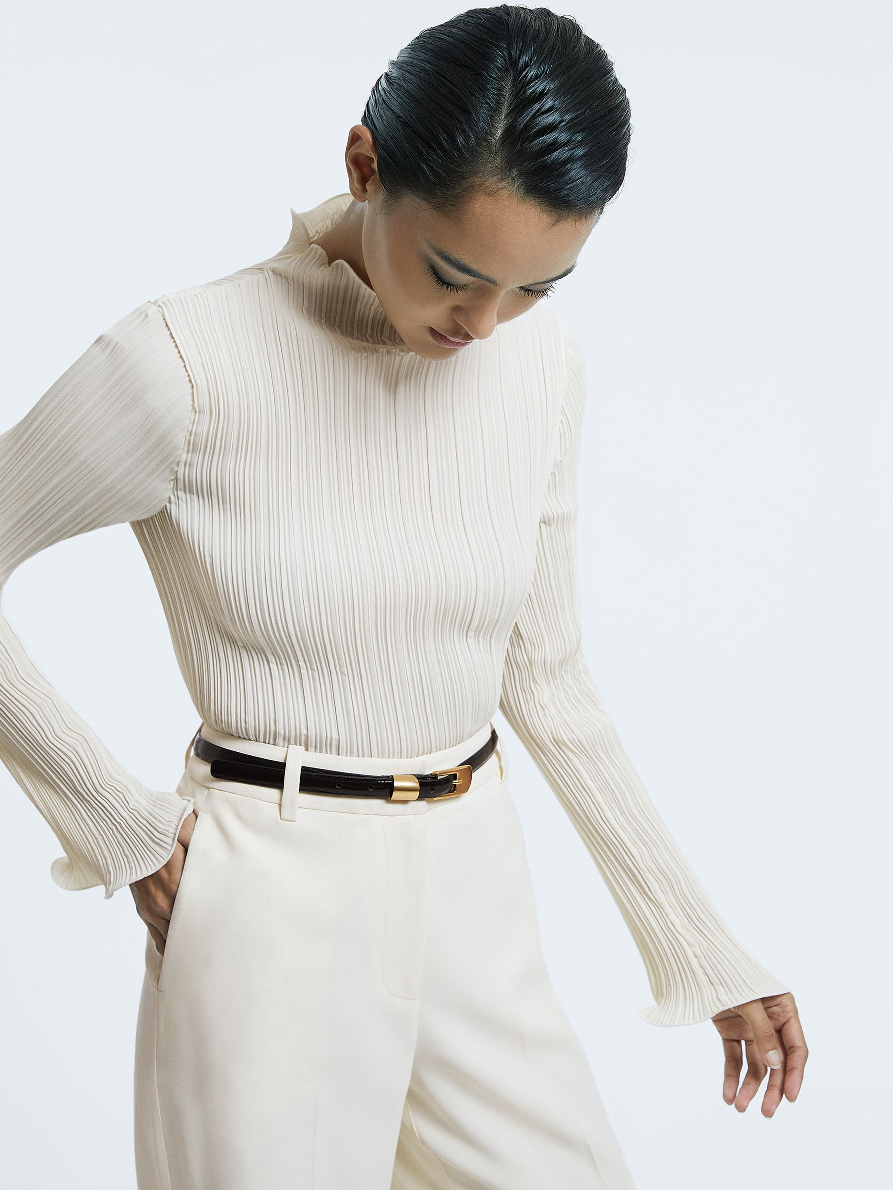 Fitted Ribbed Ruffle Neck Top in Cream - Image 1 of 6