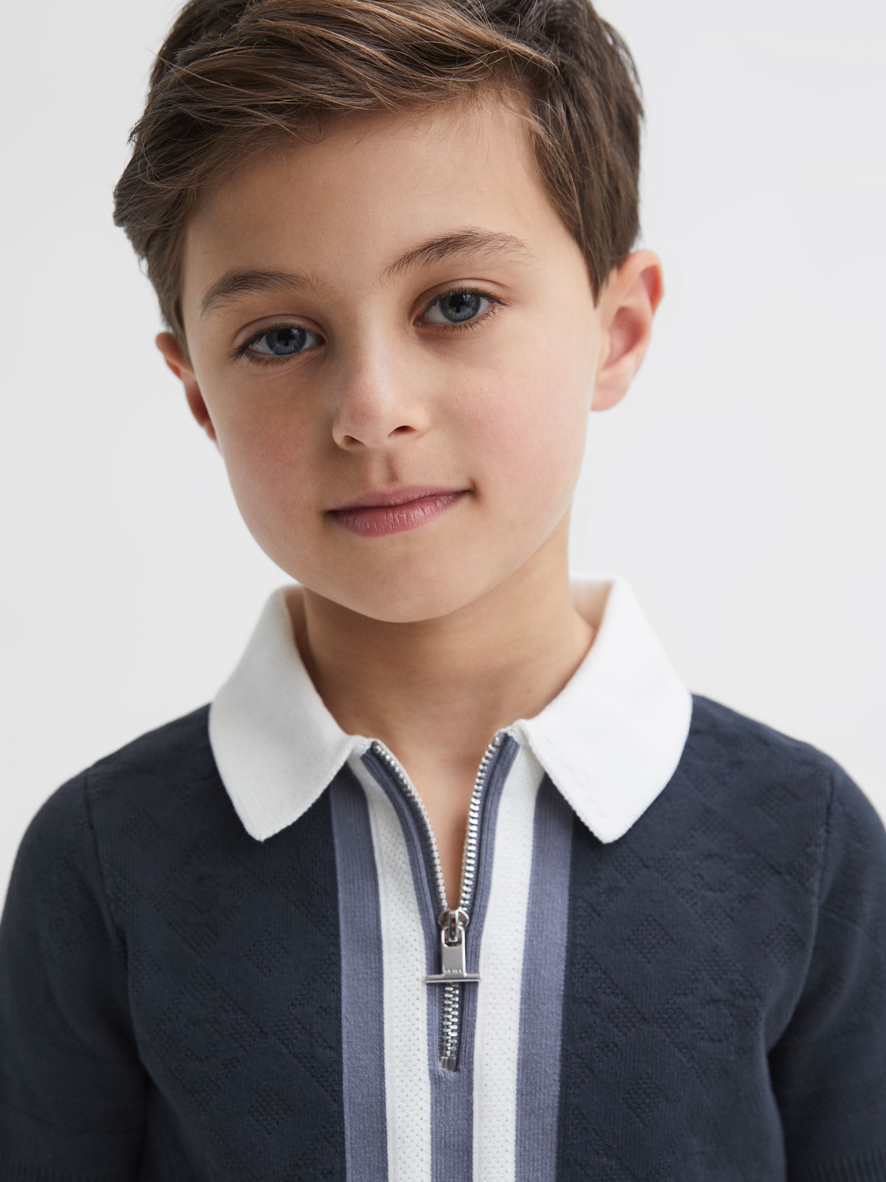 Cotton Knitted Half-Zip Polo T-Shirt in Eclipse Blue/White - Image 1 of 6 Cotton Knitted Half-Zip Polo T-Shirt in Eclipse Blue/White - Image 1 of 6