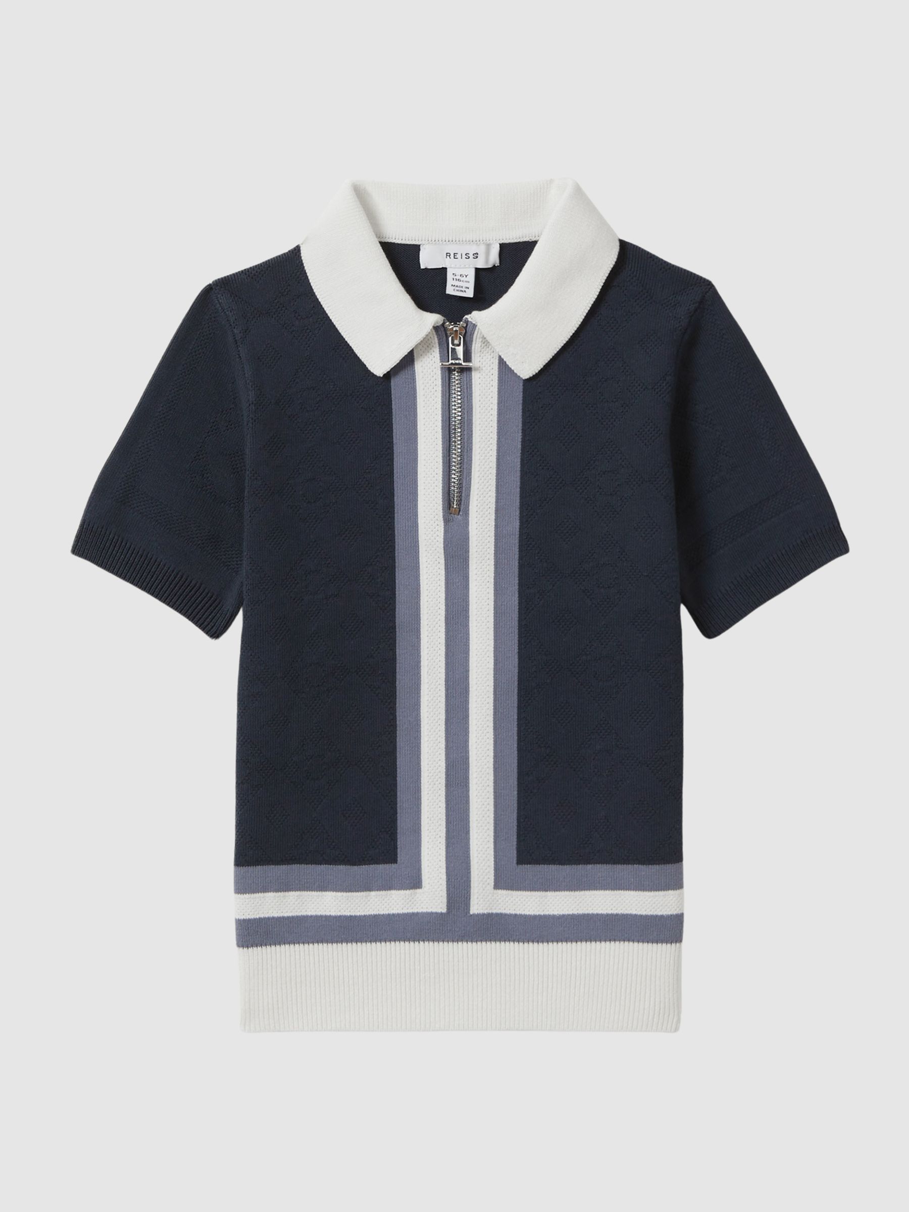 Cotton Knitted Half-Zip Polo T-Shirt in Eclipse Blue/White - Image 2 of 6 Cotton Knitted Half-Zip Polo T-Shirt in Eclipse Blue/White - Image 2 of 6